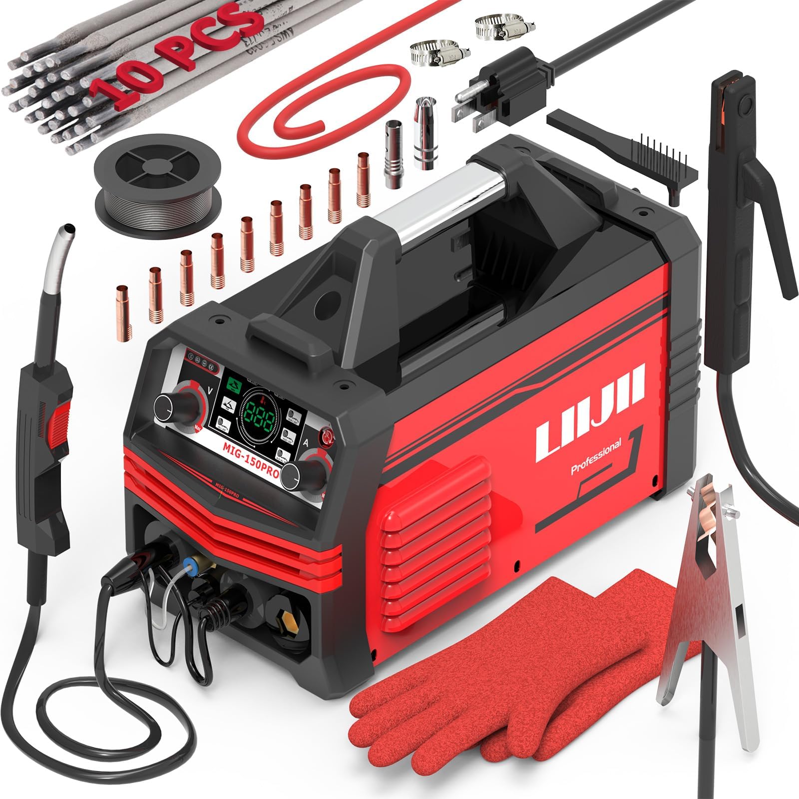 Soldador MIG de aluminio con pulso, 150 A, 110/220 V, máquina de soldadura de doble voltaje, máquina de soldadura multiproceso 5 en 1 MIG/Gas MIG/Gas MIG/núcleo de flujo sin gas MIG/Lift TIG