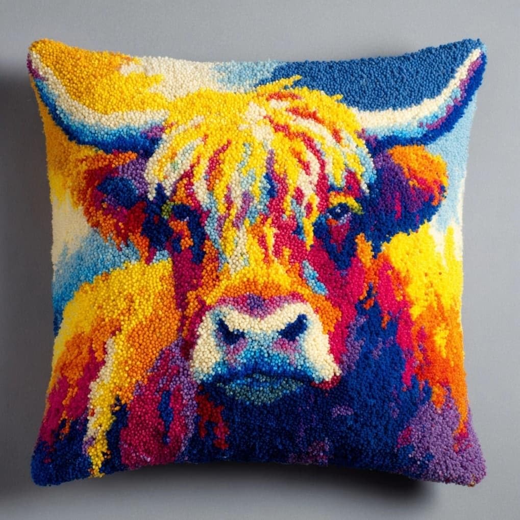 AxiangziK Latch Hook Cushion Kit 17x17 Inch,Highland Cattle