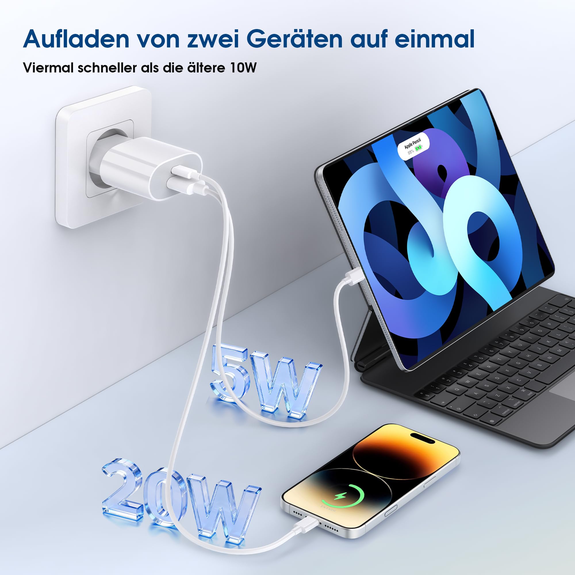 Caricatore per iPhone Certificato Apple MFi, 20W 2-Porto USB A & USB C Rapido Caricabatterie per iPhone 14/14 Pro/14 Pro Max/14 Plus/13/12/11/XS/XR/X/SE/8/7, Alimentatore con Cavo Lightning da 2m - 4