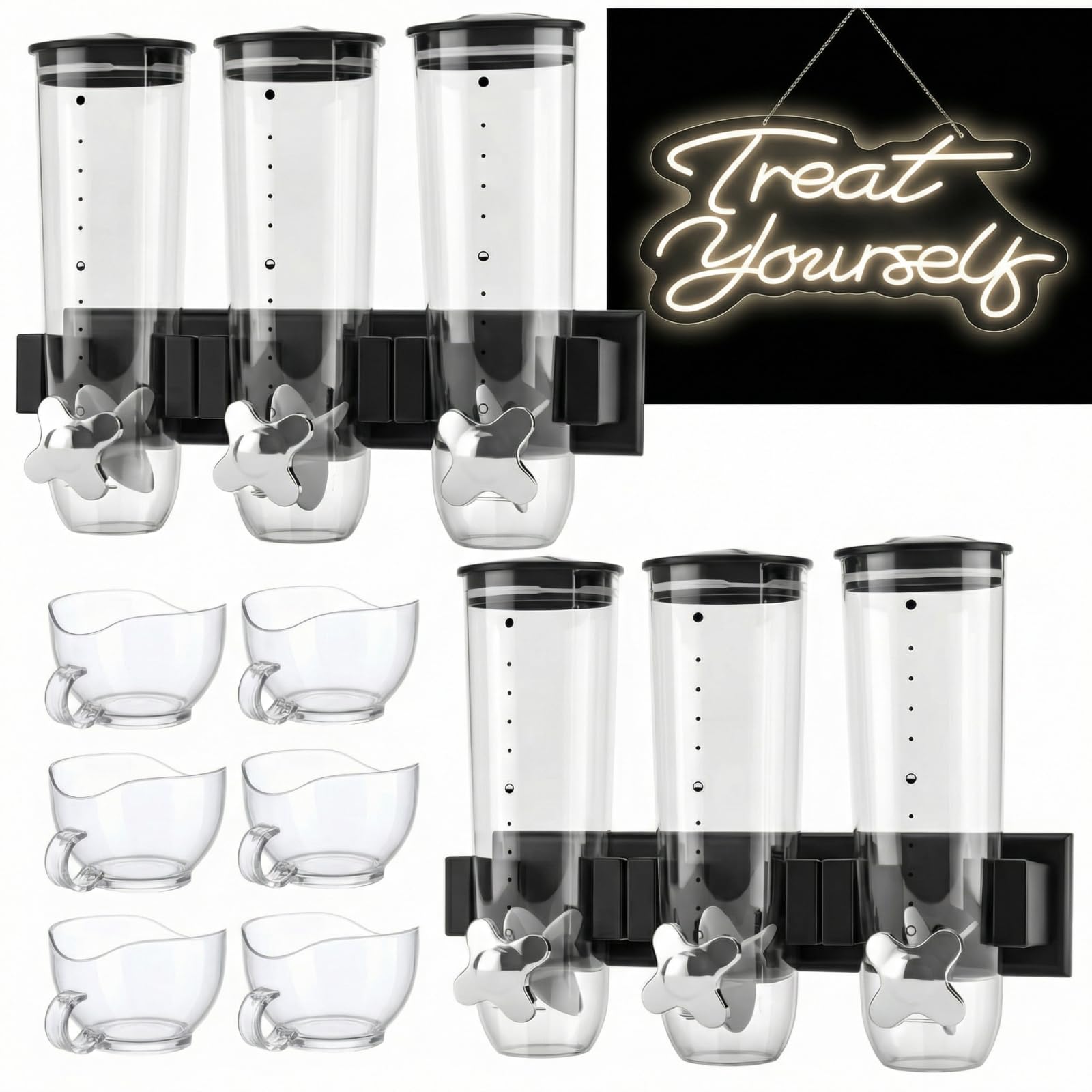 Photo 1 of Lounsweer 6 Pcs Wall Candy Dispenser with 1pcs Treat Yourself Neon Signs 9 L Machine Grain Dispenser Neon Snack Sign Wall Mount for Home Kitchen Food Store Birthday Gift Party Decor