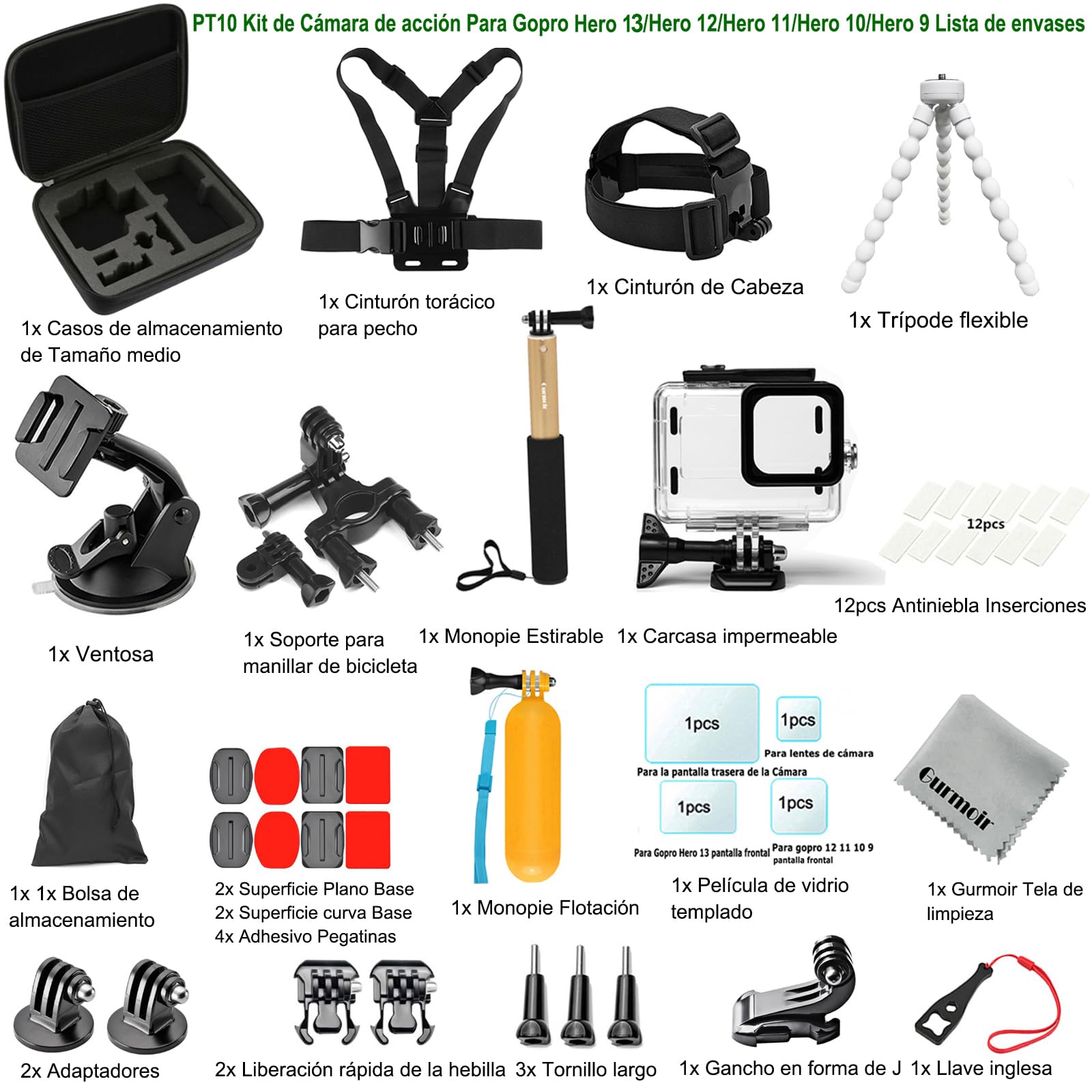Kit de Accesorios para GoPro Hero 13/12 /11/10 /9 Black, con Funda Impermeable Compatible con la Cámara Go Pro 13 12 11 10 9(PT10)