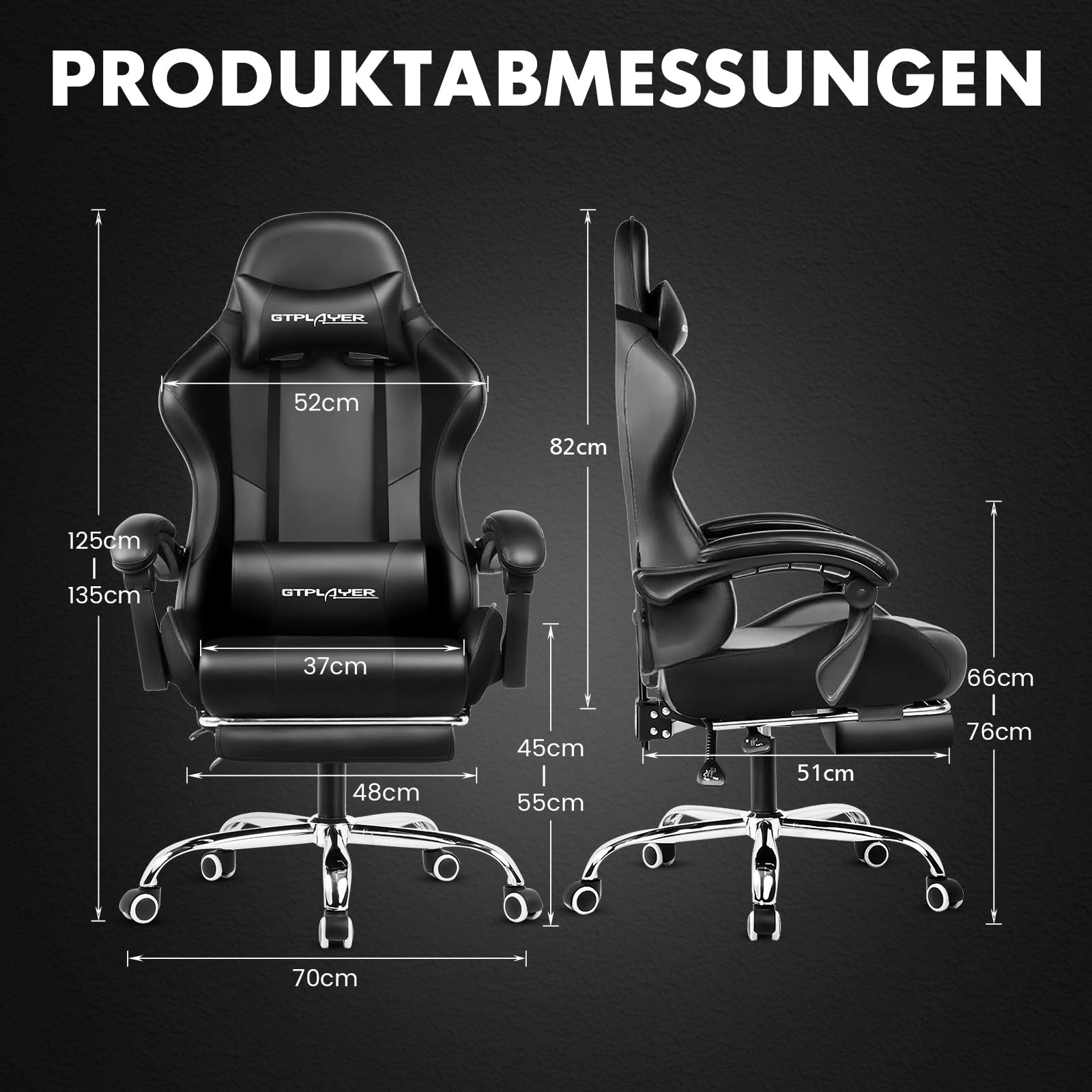GTPLAYER Krzesło gamingowe, ergonomiczne krzesło biurowe, fotel gamingowy z podparciem okolic masażu, krzesła zadaniowe z podnóżkiem i zagłówkiem, kolor czarny, sztuczna skóra