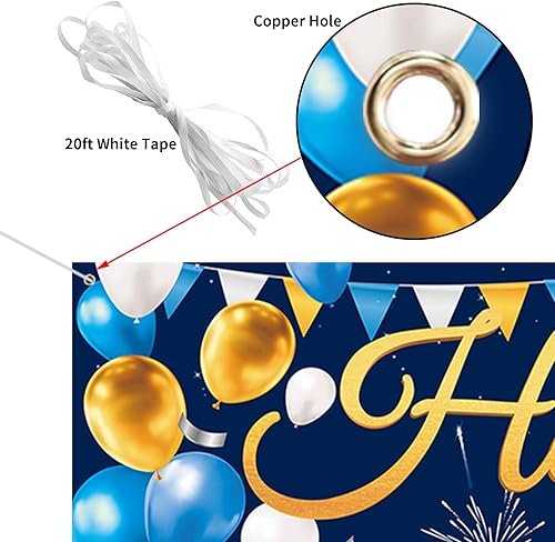 Vista 18 de Cartel grande de feliz cumpleaños 60, telón de fondo azul dorado 60 cumpleaños, suministros de decoración de fiesta de 60 años para hombres, patio