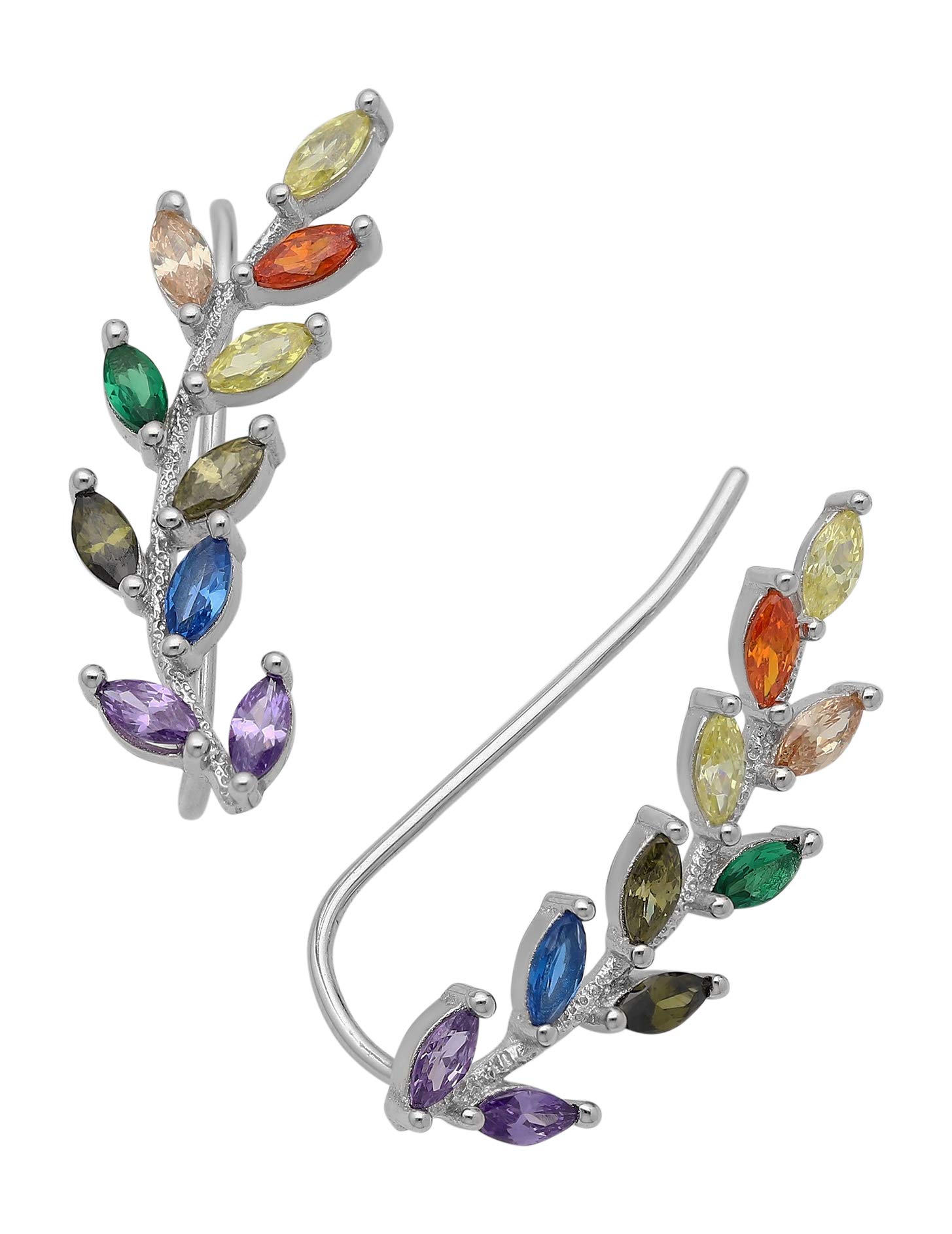 AG2AU Sterling Silver Leaf Ear Pins Decorated with Colored CZ Simulated Diamonds