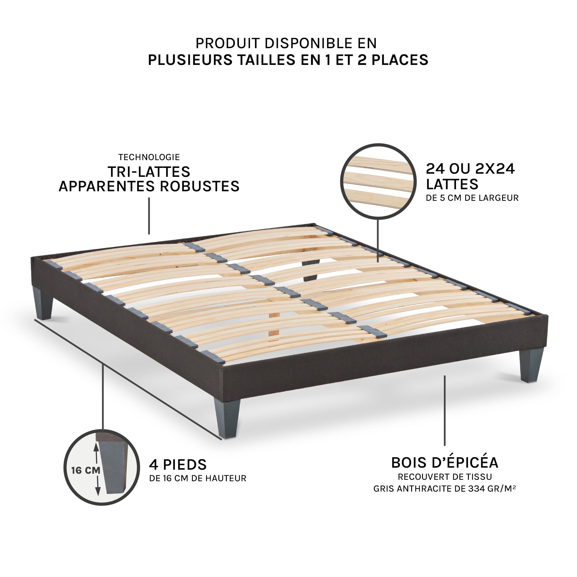 Olympe Literie | Sommier à Lattes en Bois 200x200 cm avec Pieds – Cadre de Lit Robuste et Stable – Hauteur 30 cm – Facile à Monter – Gris Anthracite