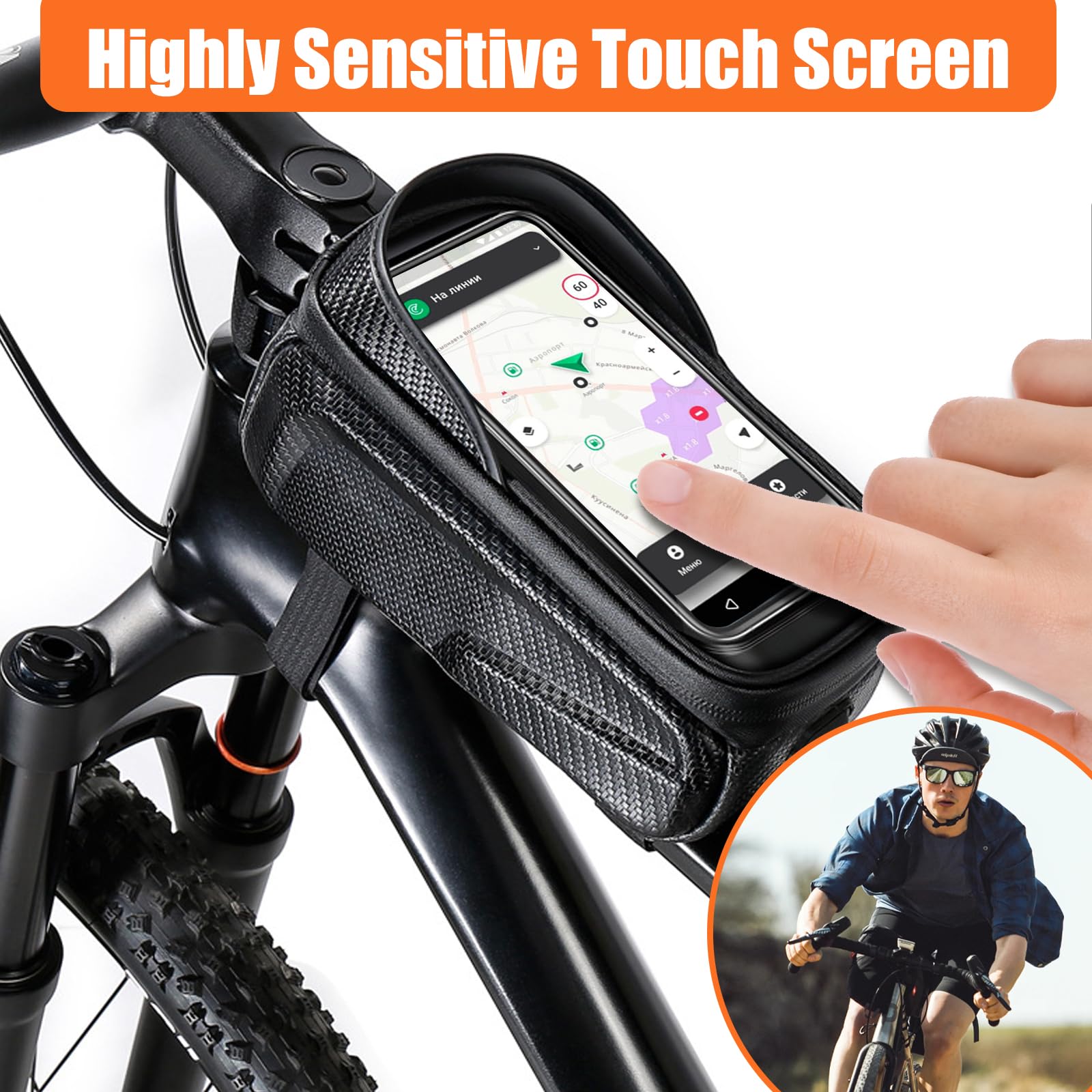 Bolsa Cuadro Bicicleta Impermeable PU, Soporte Teléfono Móvil, Porta-Móvil Bici para Smartphone Hasta 6,8", Accesorio Manillar Bicicleta Montaña con Agujero Auriculares (Negro)