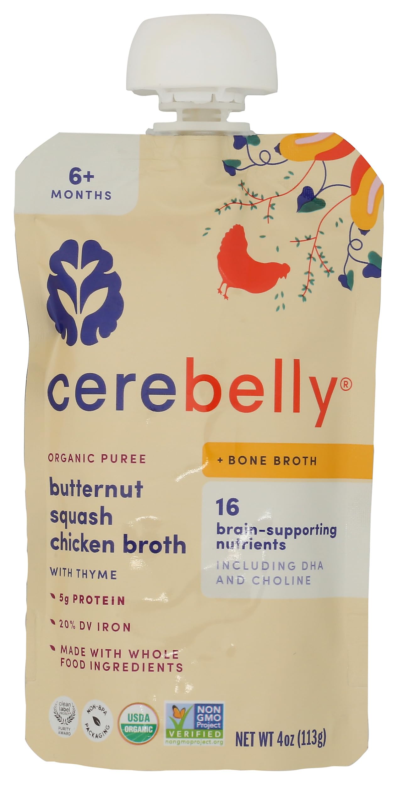 Cerebelly Organic Baby Food Pouches – Organic Chicken Bone Broth Pouch Protein, Healthy Fats, Non-Gmo Baby Food Meals 4 Ounce Bpa-Free Toddler Purees Butternut Squash & Thyme, 1 Count