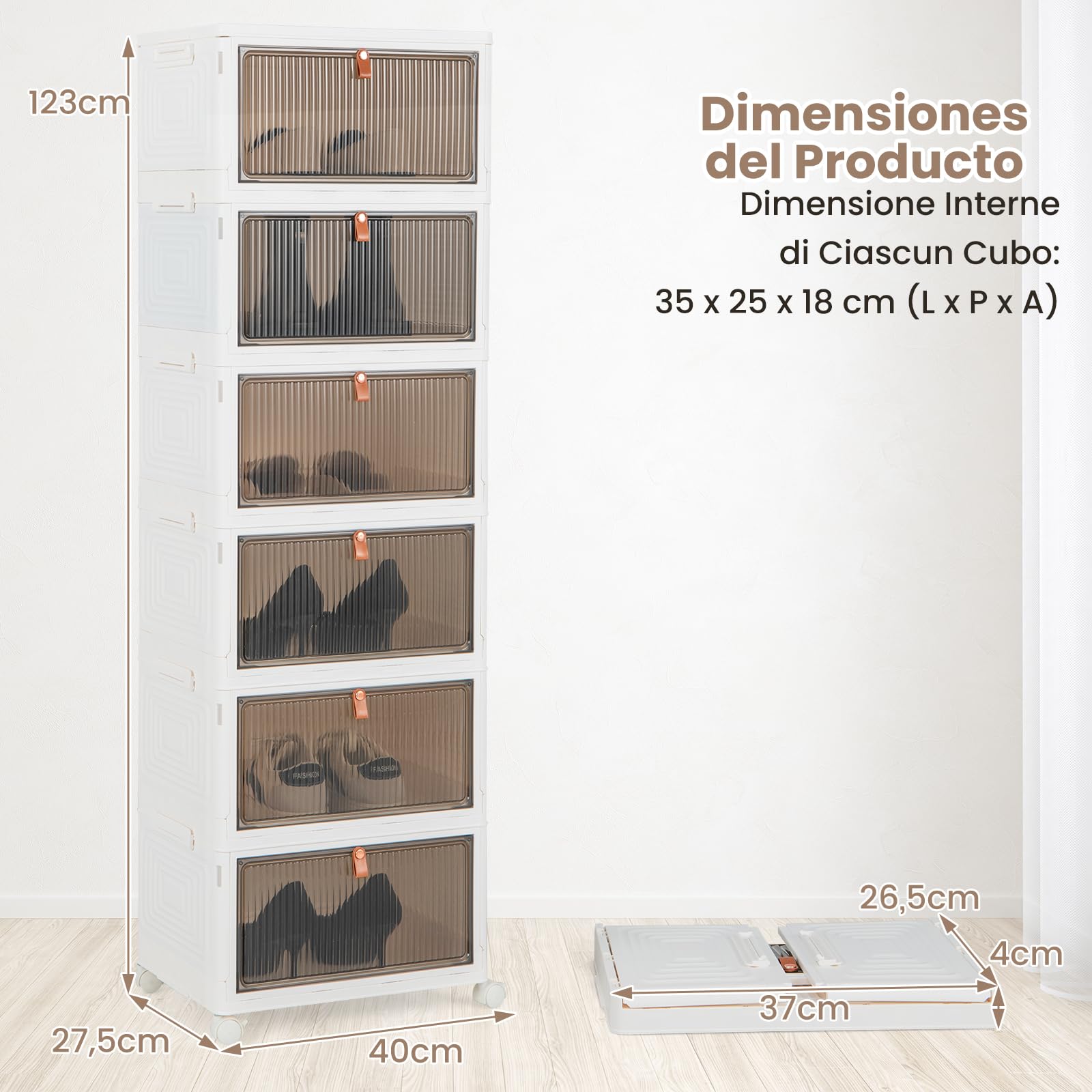 COSTWAY Cajas para Zapatos Plegable de 3/4/6 Niveles, Cajas Almacenaje Zapatos con Puertas Magnéticas Transparentes/Ruedas Universales Bloqueables, Caja Zapatero Plástica (6 niveles)