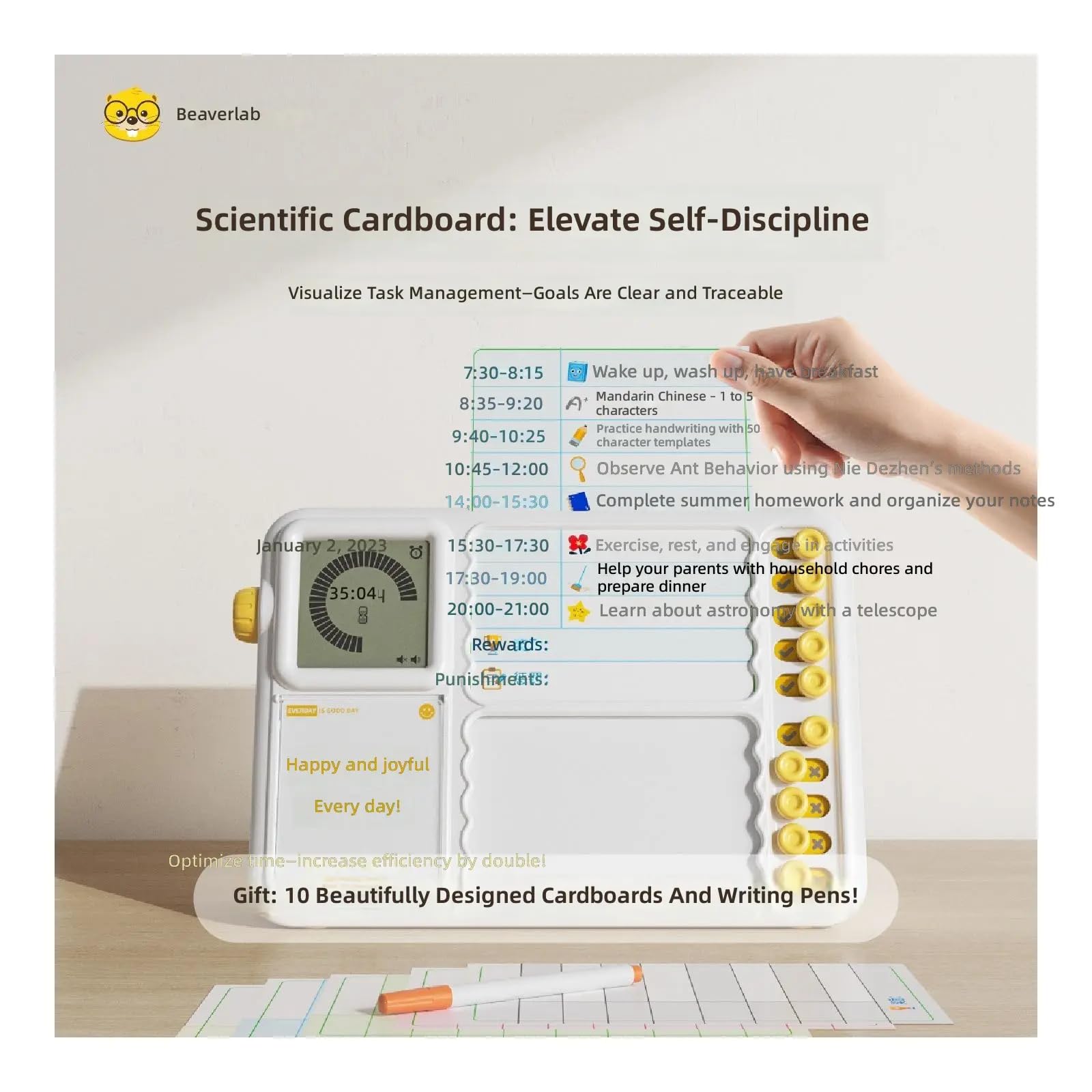 Tableau électronique de minuterie de bureau pour les routines d'étude, outil de gestion du temps visuel avec 10 emplacements de tâches, bouton rotatif et design de bureau autonome, minuterie d'étude