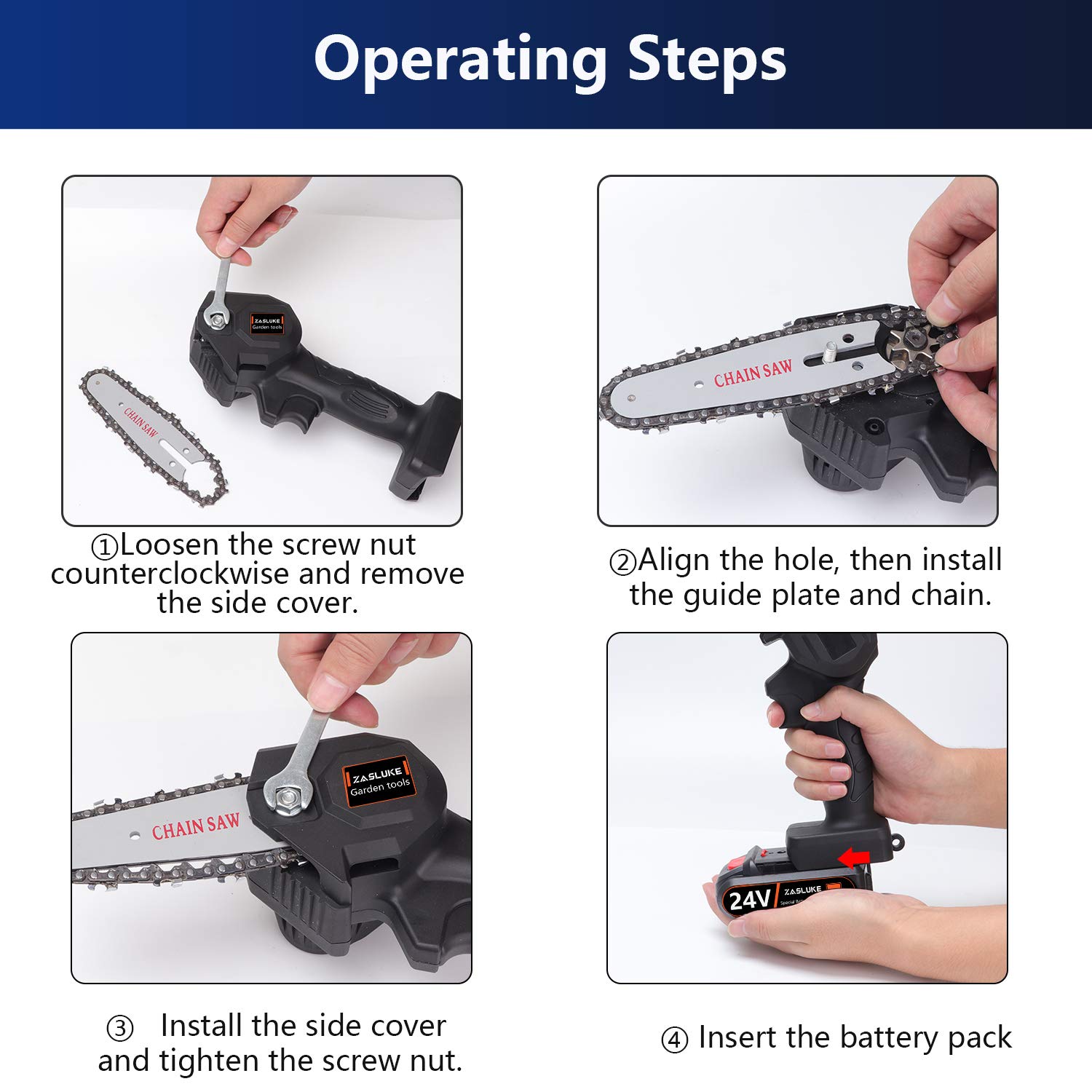 ZasLuke Chainsaw, 4 Inch 24V Electric Chainsaw with Brushless Motor, Handheld Mini Chainsaw