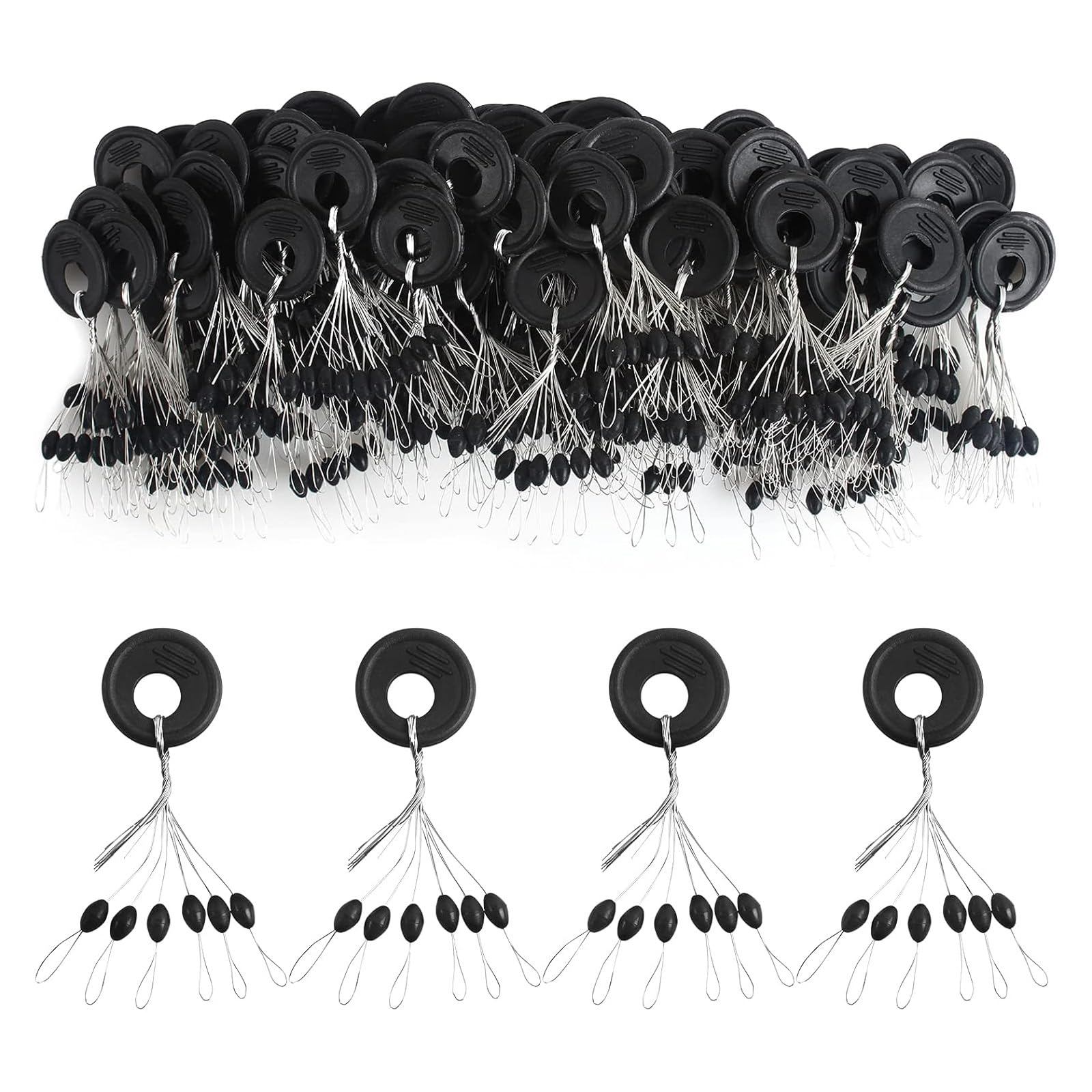 300 Piezas topes de goma flotador,flotadores de pesca,Tapón Flotador de Pesca de Goma, Tapón de Goma Cuerda de Cuerda Flotador de Pesca de Goma Tapón Flotador de Pesca 6 en 1, Negro,M
