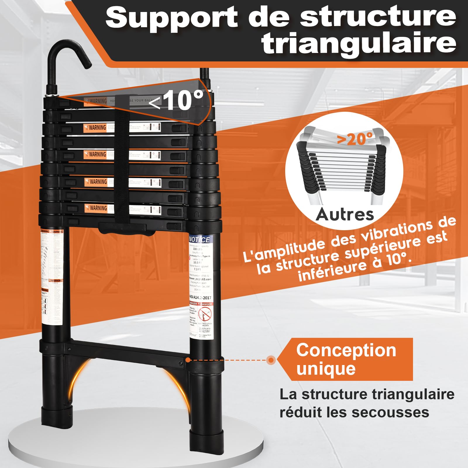 HBTower Escamotable en Aluminium,Echelle telescopique 3.2M/10.5FT avec Crochets,Echelle plianteConvient aux Camping-Cars, greniers, extérieurs et intérieurs, Charge Max 150 kg (Noir)