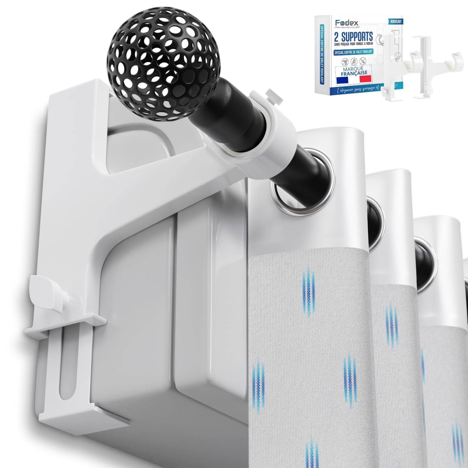 Support tringle rideau coffre volet roulant FODEX blanc sans perçage outil Ø16-28mm