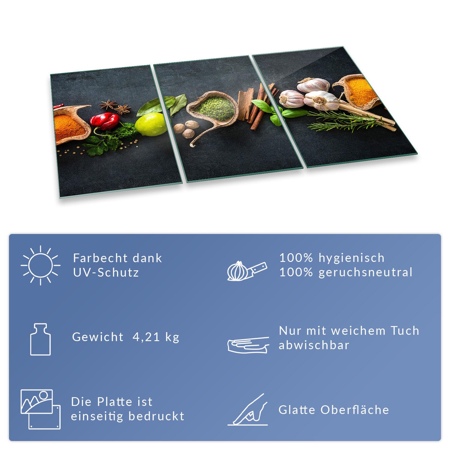 Płyta ochronna na kuchenkę, płyta ceramiczna, 3-częściowa, 90 x 52, przyprawy, wielokolorowa, ochrona przed rozpryskiwaniem, płyta szklana, ochrona kuchenki, szkło bezpieczne, szklana deska do krojenia 3 x 30 x 52