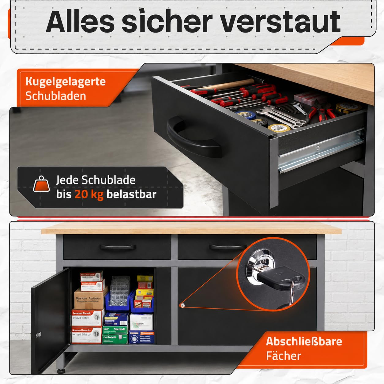 Ondis24 Werkbank Metall mit Schubladen, 2 Schubladen & 2 Türen, Werkstatt Metall 120 cm, Werktisch 120cm, Montagewerkbank, 28mm Buchenholzarbeitsplatte, Werkstatteinrichtung