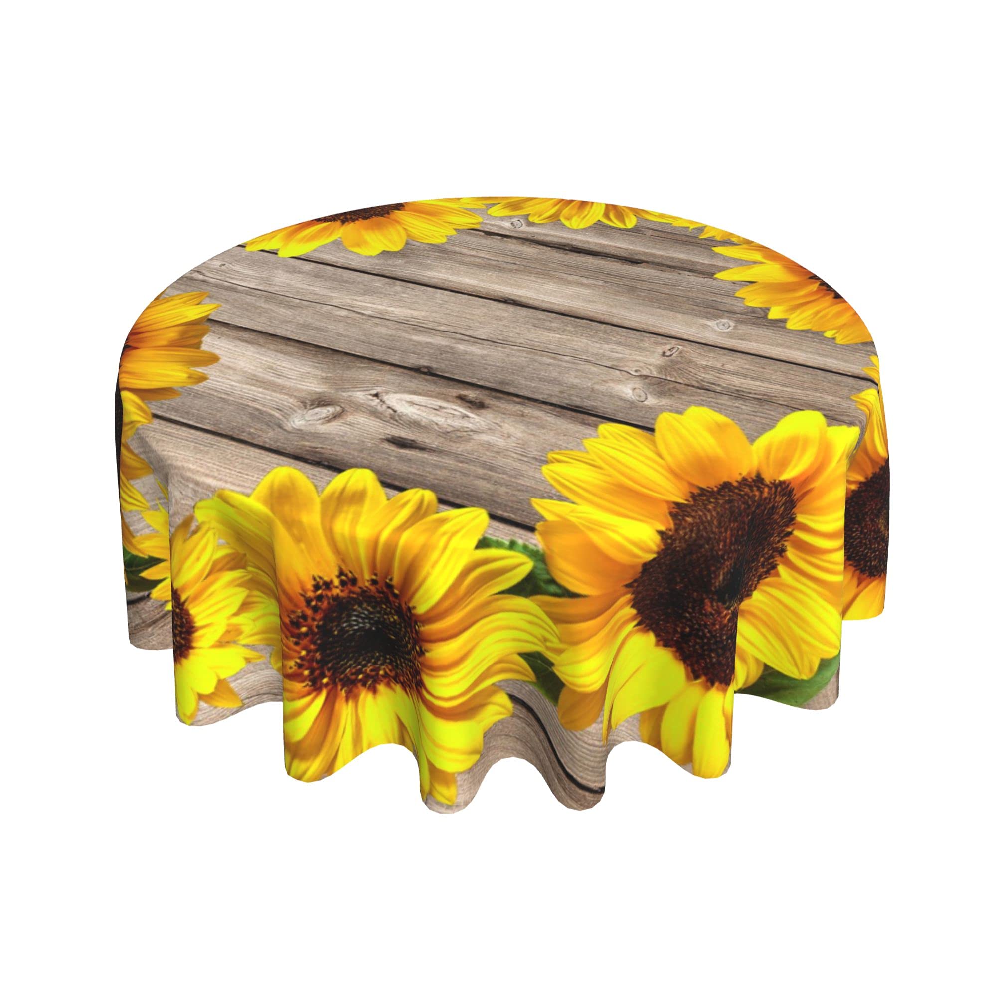 ABSOP Wood Table Cloth Round 60 Inch, Autumn Sunflower Tablecloth for Round Tables On Rustic Wood Grain Tablecloth Waterproof Washable Round Table Cover Protector