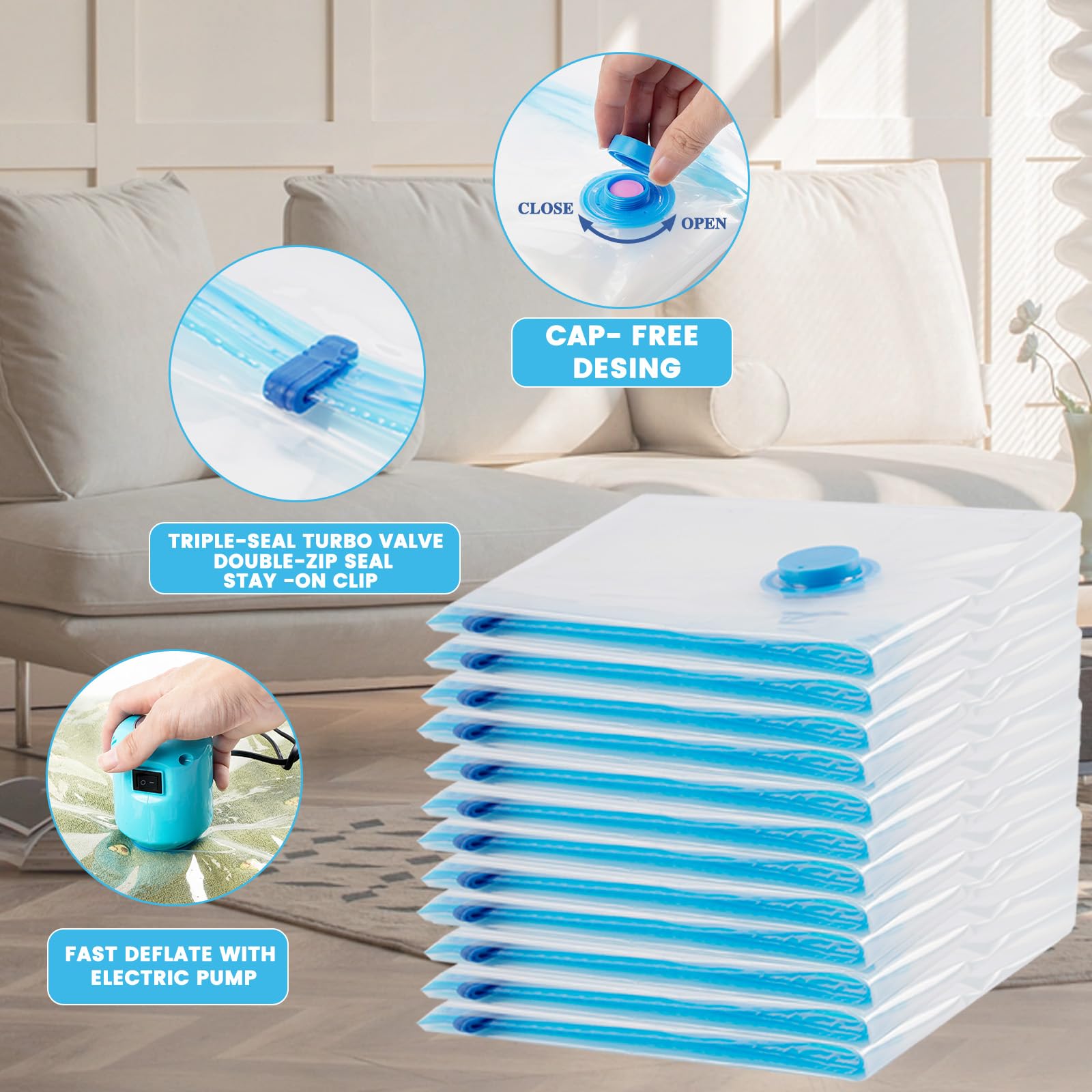Sacchetti sottovuoto con pompa ad aria elettrica, confezione da 10 (10 sacchetti grandi) con chiusura a cerniera, salvaspazio, per vestiti da viaggio, coperte, piumini, cuscini, trapunte