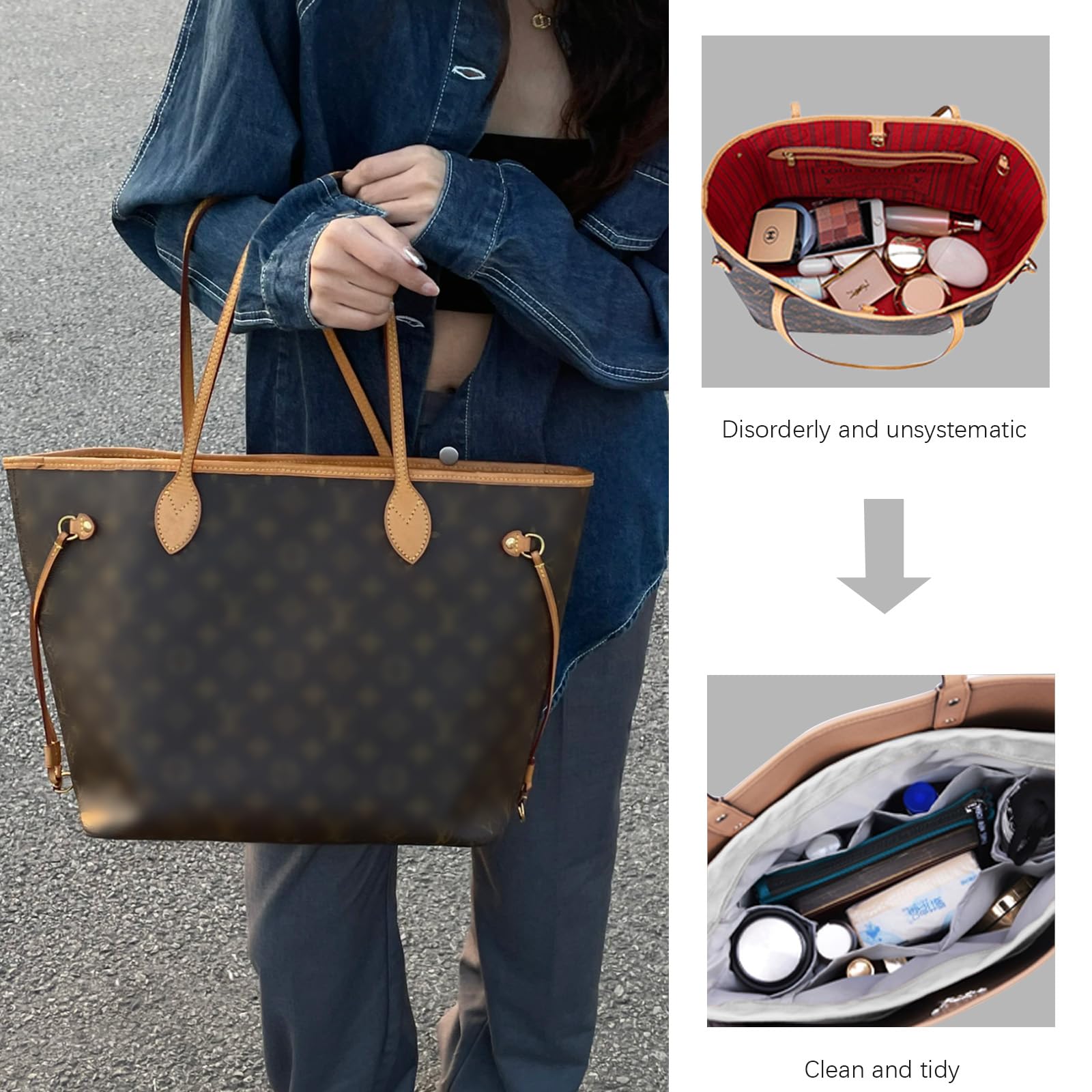 Lckaey El organizador de bolso para bolso Neverfull es compatible con más marcas similares de bolsas de mano, organizador de nailon 3055gris-XL