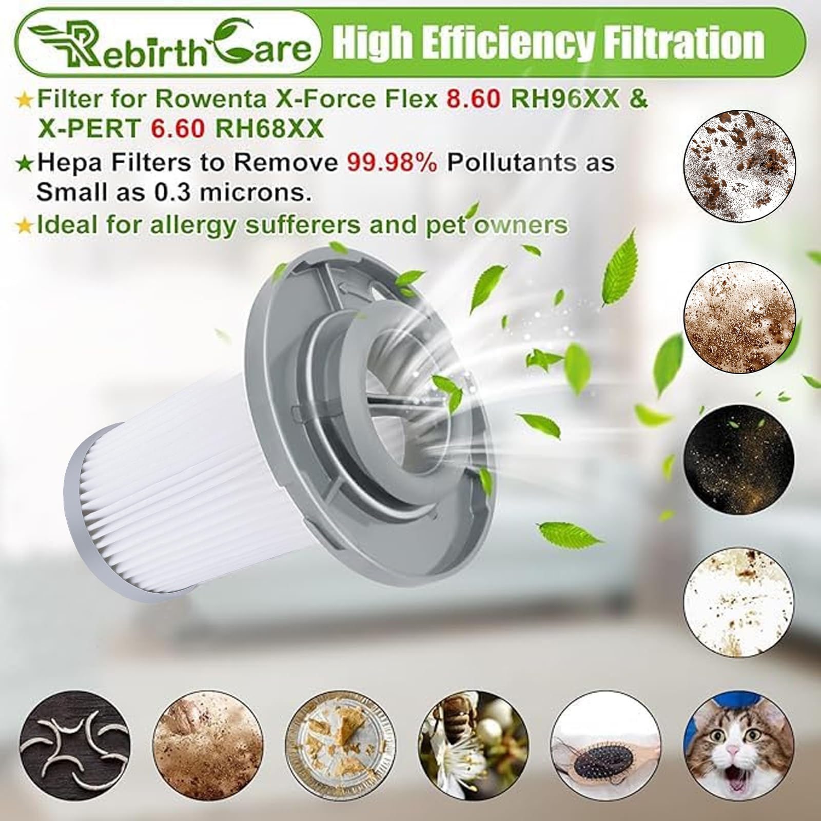 Set 4 Filtri Lavabili + Spazzola Per Aspirapolvere X-Force Flex 8.60 E X-Pert 6.60 - Compatibile Con Serie RH68 E RH96