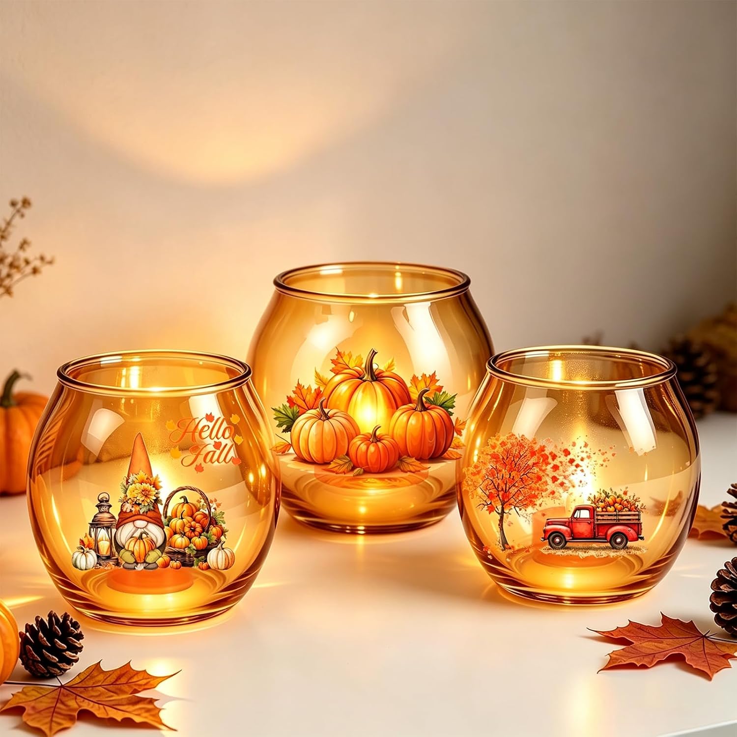 (-35%) Herbstdeko Windlicht Kerzenhalter, Kürbis Deko Glas Teelichthalter 3er Set, Windlicht Wichtel Motiv, Herbstdeko Herbst Tisch Deko Teelichthalter innen für Party, Orange Kerze Tisch Hause Party Dekor