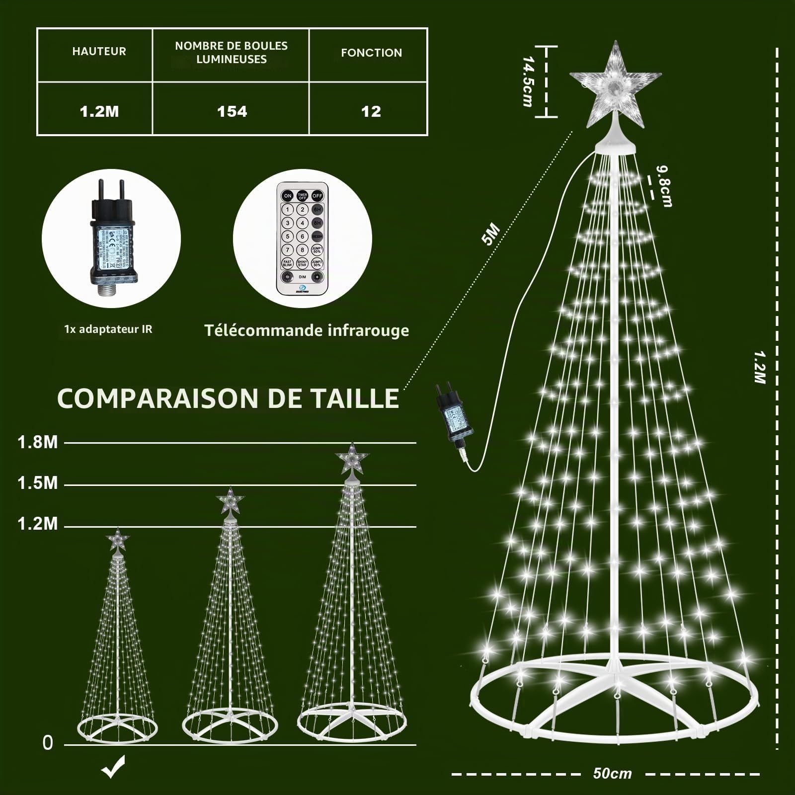 HELESIN Arbre de Noël en Forme de Cône en Métal, 154 LED 12 Modes, Minuterie Guirlande Lumineuse D'extérieur, LED Éclairage de Sapin Décoration de Noël pour Cour, Salon Jardin (Blanc avec Support)
