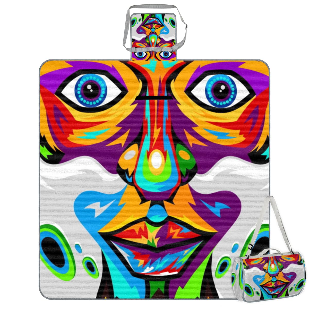 Shimoshe Picnic Blankets 57”x 59”, Colorful Hipster Face Pattern Waterproof Sandproof Picnic Mat Lightweight Foldable Beach Blanket for Camping Park Grass Beach Outdoor Blanket