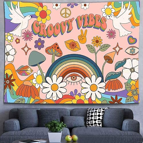 Miniatura 6 de Ine Ive Groovy Tapestry GTDWIE0092 - Tapiz de pared de fiesta de 80 x 60 pulgadas, diseño de margaritas arco iris, retro, hippie, bohemio, para