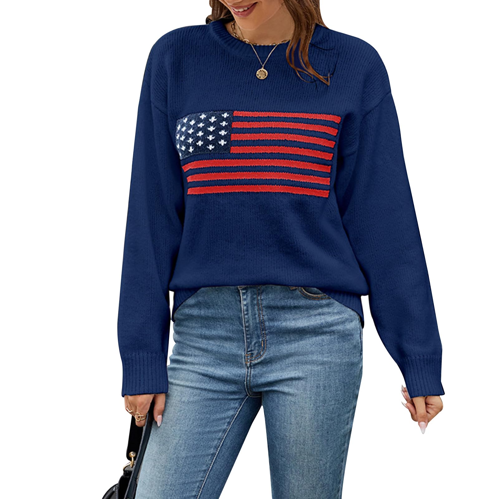 SANSIWU Women Y2k Vintage Flag Sweater Long Sleeve USA Flag Print Knit Pullover 4th of July Preppy Star Sweater Sweatshirt Streetwear (H-02, L)