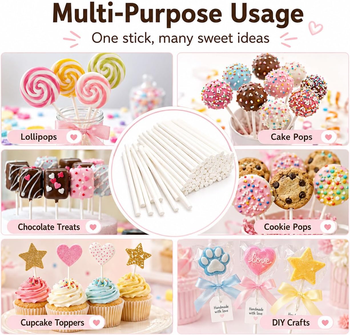 100 Pcs 3-Inch White Lollipop Sticks – Paper Cake Pop Sticks for Candy, Chocolate, Cookie Pops, Cupcake Toppers & DIY Dessert Crafts