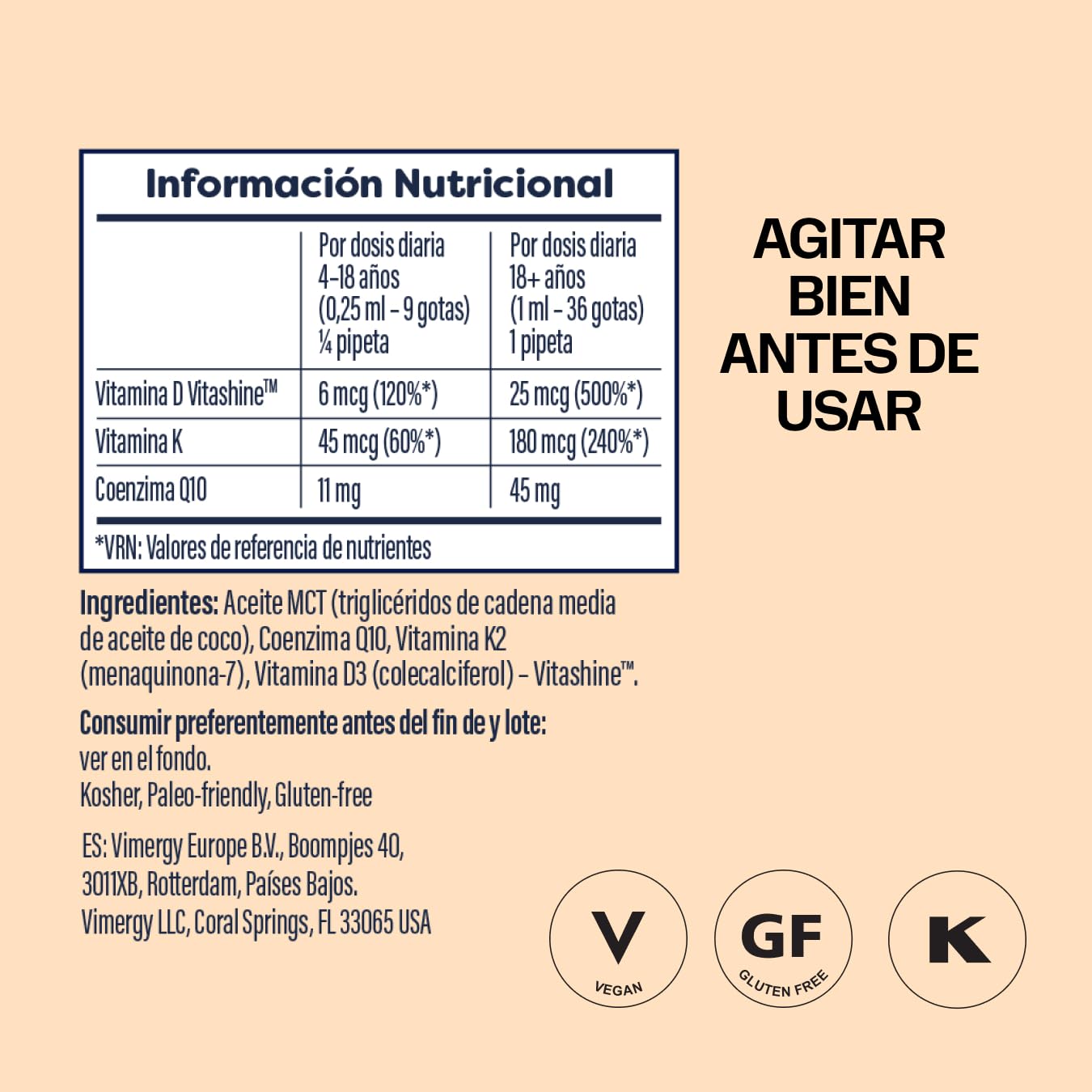 Vimergy Brain Body Recharge* – con vitamina D3, K2 y CoQ10 – Refuerza músculos y huesos – Protege contra los radicales libres – Vegano y sin gluten – 55 mL