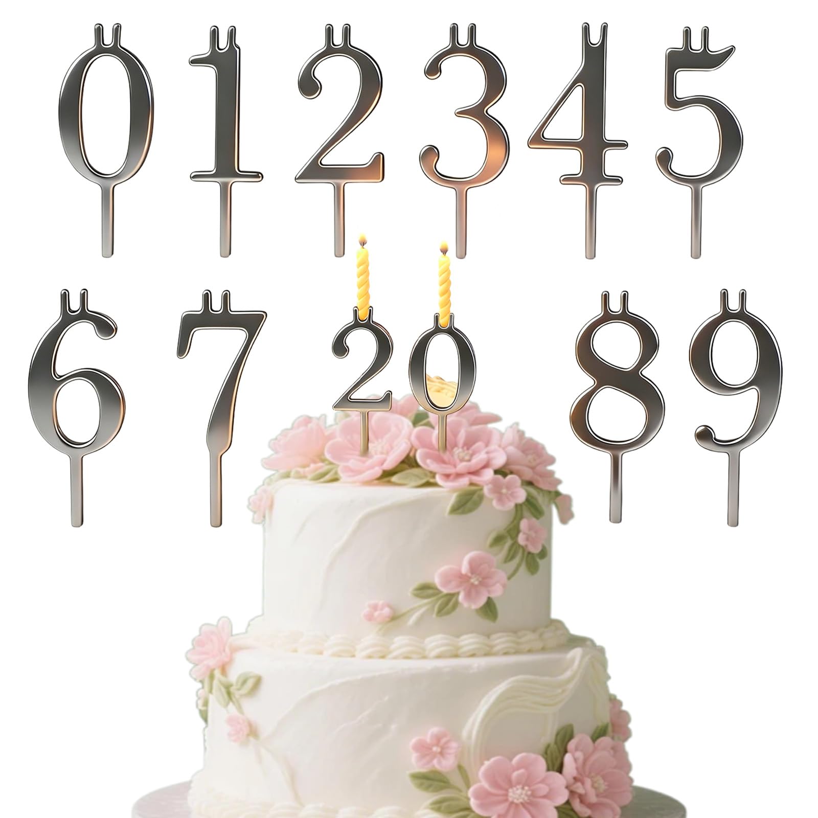20PCS Reusable Birthday Candle Holders Set 0–9, Elegant Number Birthday Candle Holders for Cakes, Reusable Cake Number Candle Holders, Gold or Silver with Storage Bag (Silver)