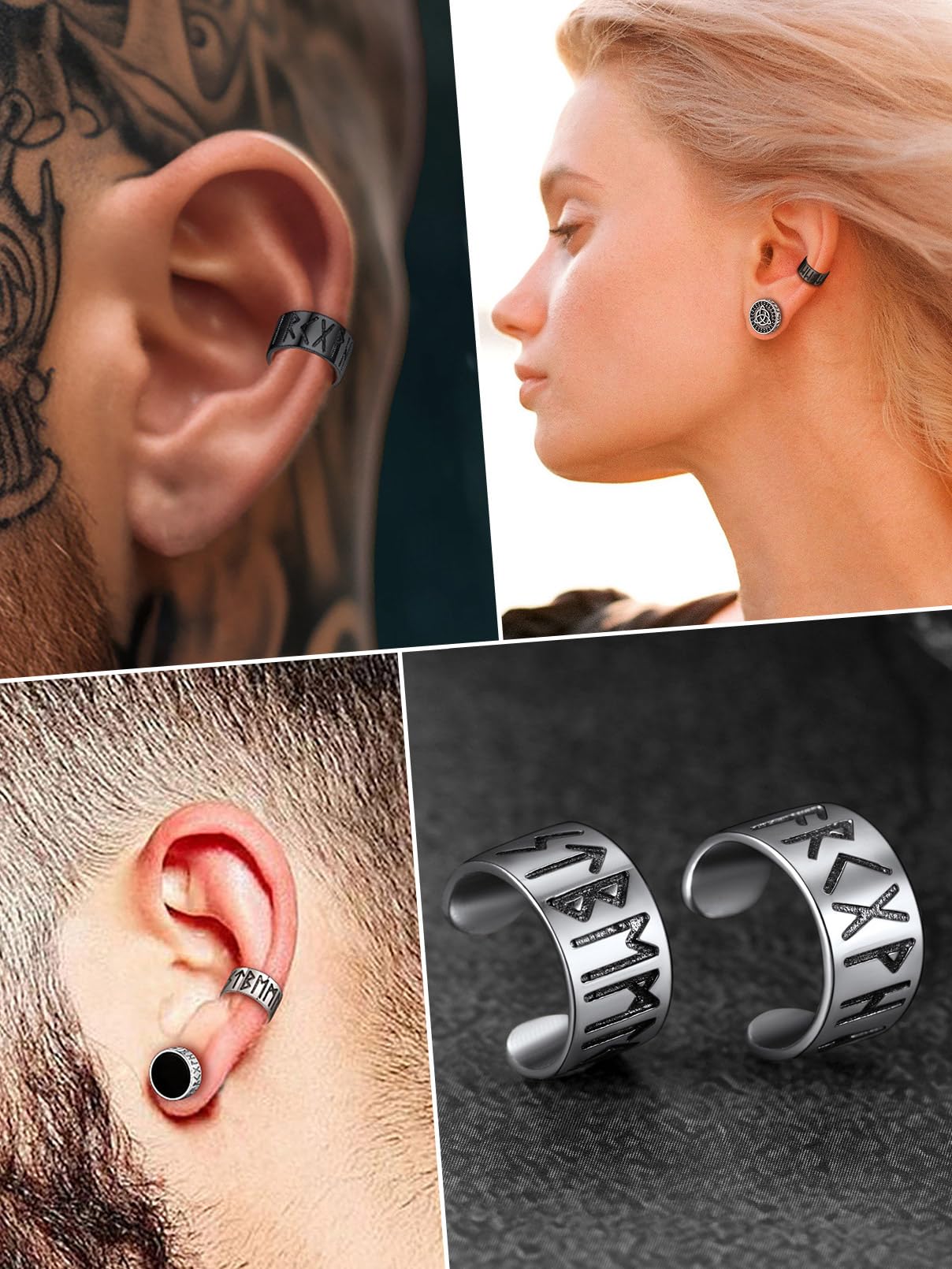 FaithHeart Boucle d'oreille Viking Argent Homme Femme,Clip d'oreille Nordique Runes Manchette doreille Homme,Bijoux Gothique Punk (Boîte Cadeau)