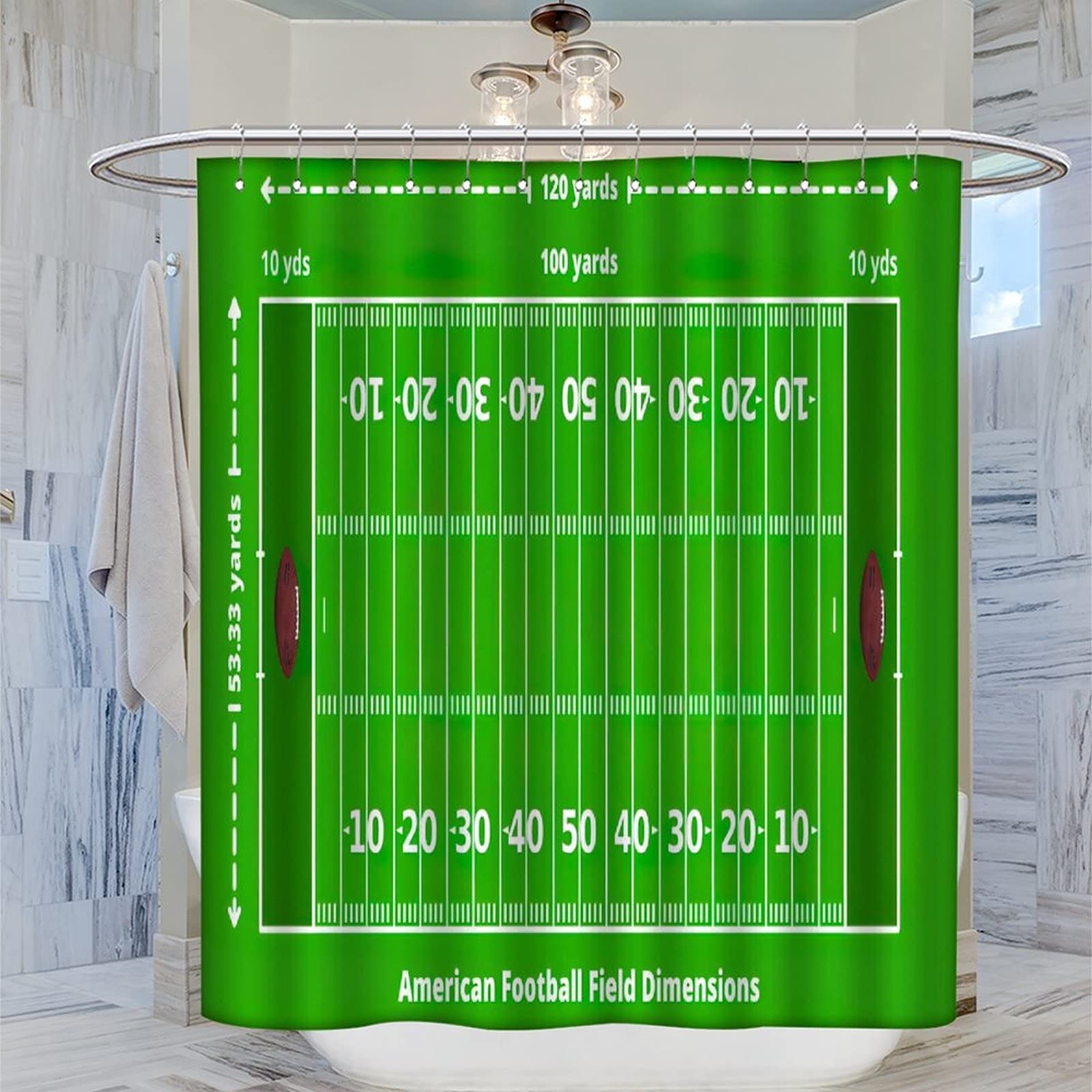 Kksme American Football Duschvorhang – Grünes Gras Design, 183x183 Cm, Wasserdicht, Inkl. 12 Haken