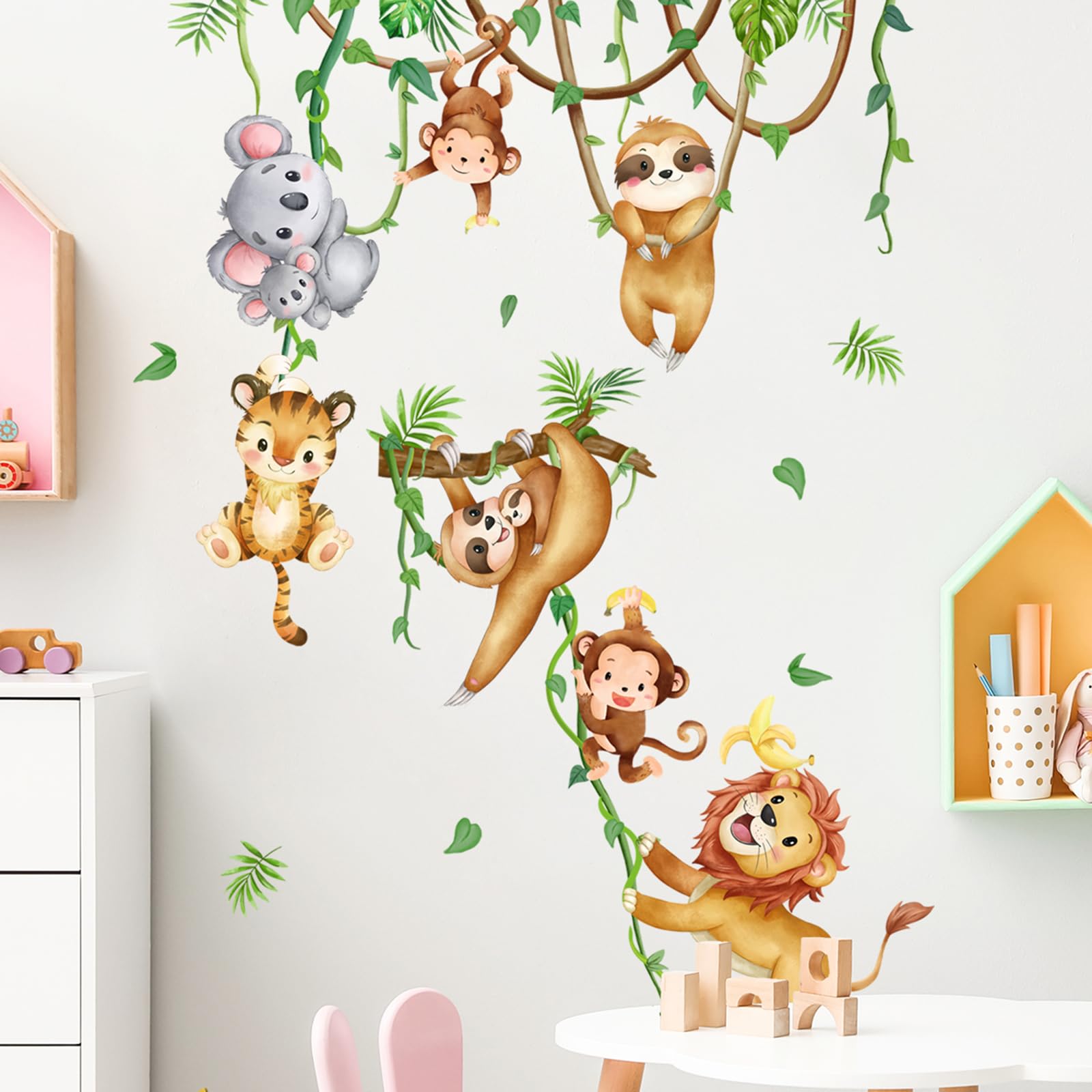 Wall Tattoo Jungle Animals Wall Sticker Jungle Animals Wall Sticker Tendrils Lions Monkeys Koala Animals Perfect for Baby Room Children's Room Garden Living Room Wall Decoration - Image 3