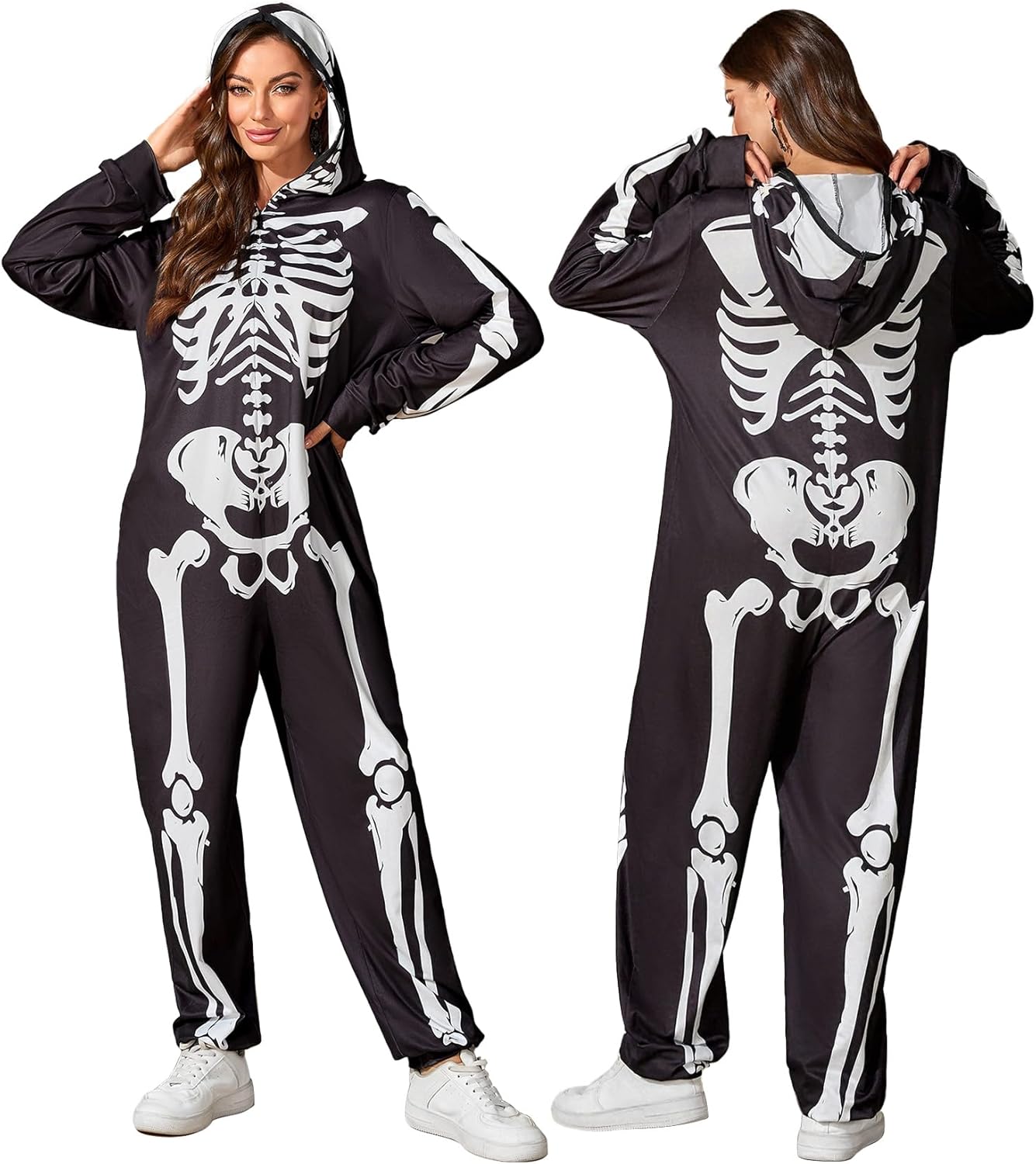 Abaowedding Adult Skeleton Onesie Costume, Black and White, Hooded Halloween Jumpsuit, Women Skull Bodysuits(Black and White,S)