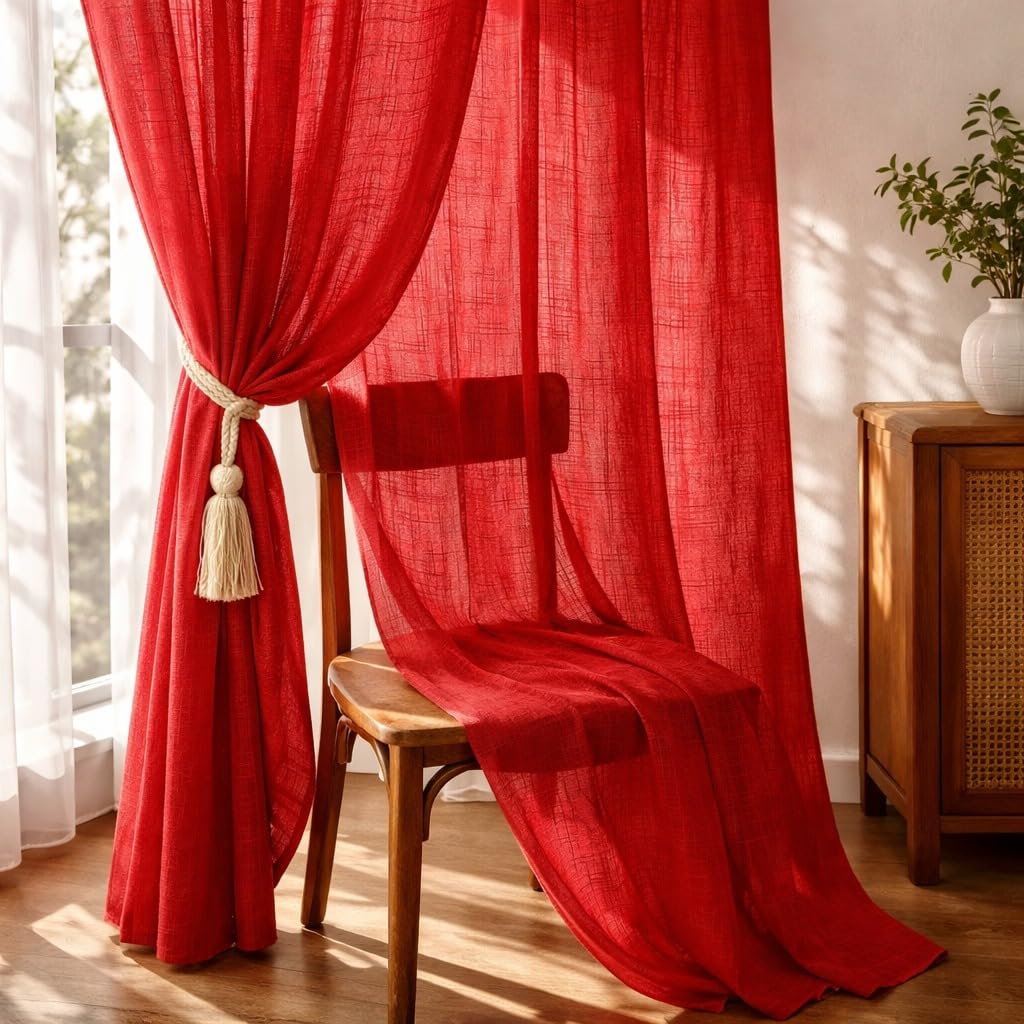 HE Linen Company Sheer Curtains 5 Feet – Linen Texture Transparent Drapes with Rod Pocket, Light Filtering Window Curtains for Small Windows, Chilli Red, Pack of 1
