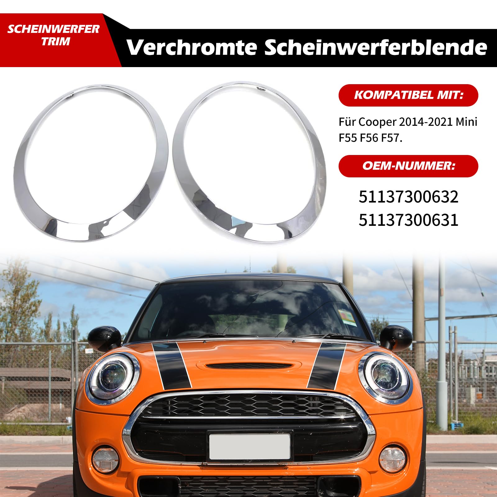 Mini Cooper F55 F56 F57 2014-2021 Cerchietto Fari Ricambio Argento 2 Pezzi