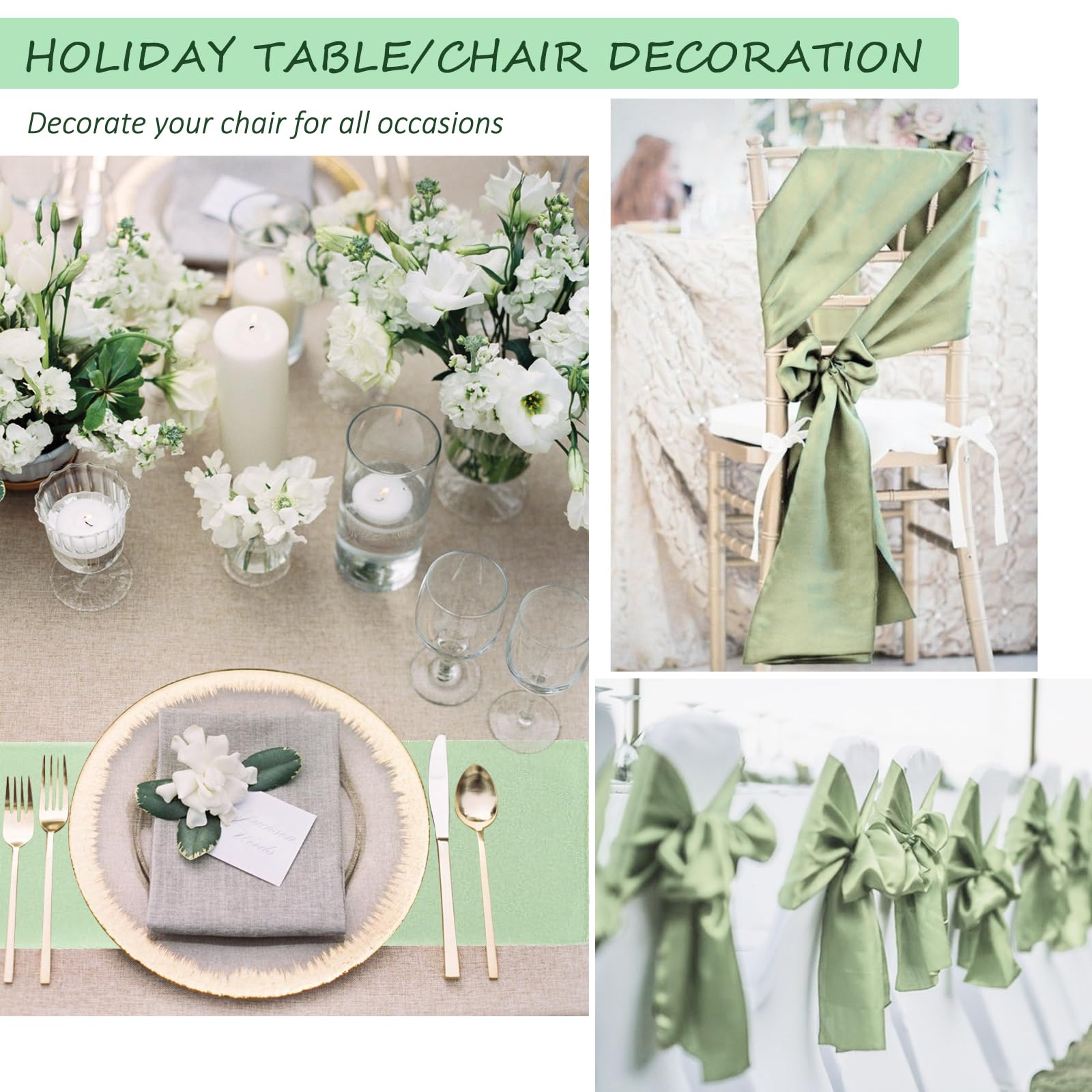 50 Pezzi Satin con Sedie Decorate con Fiocco Design, Decorazione per Sedia in Raso, Fasce in Raso per Sedie, Decorazione per Sedia per Matrimoni, Banchetti, Ricevimenti (Verde Salvia)