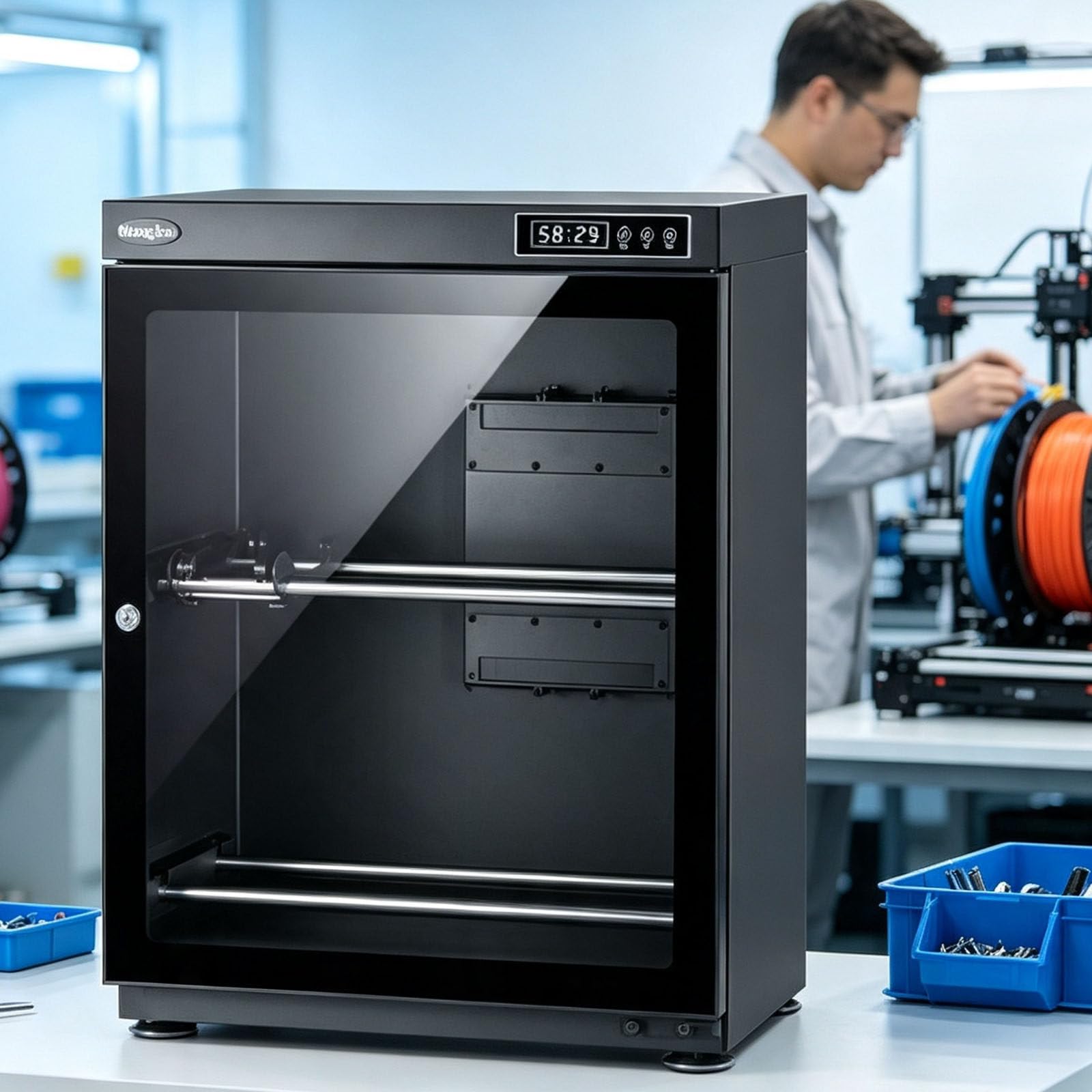 Armadio a Secco per Filamento Stampante 3D, Contenitore Professionale per Filamenti 70L | per 10-12 bobine, struttura sigillata,compatibile con vari filamenti stampa