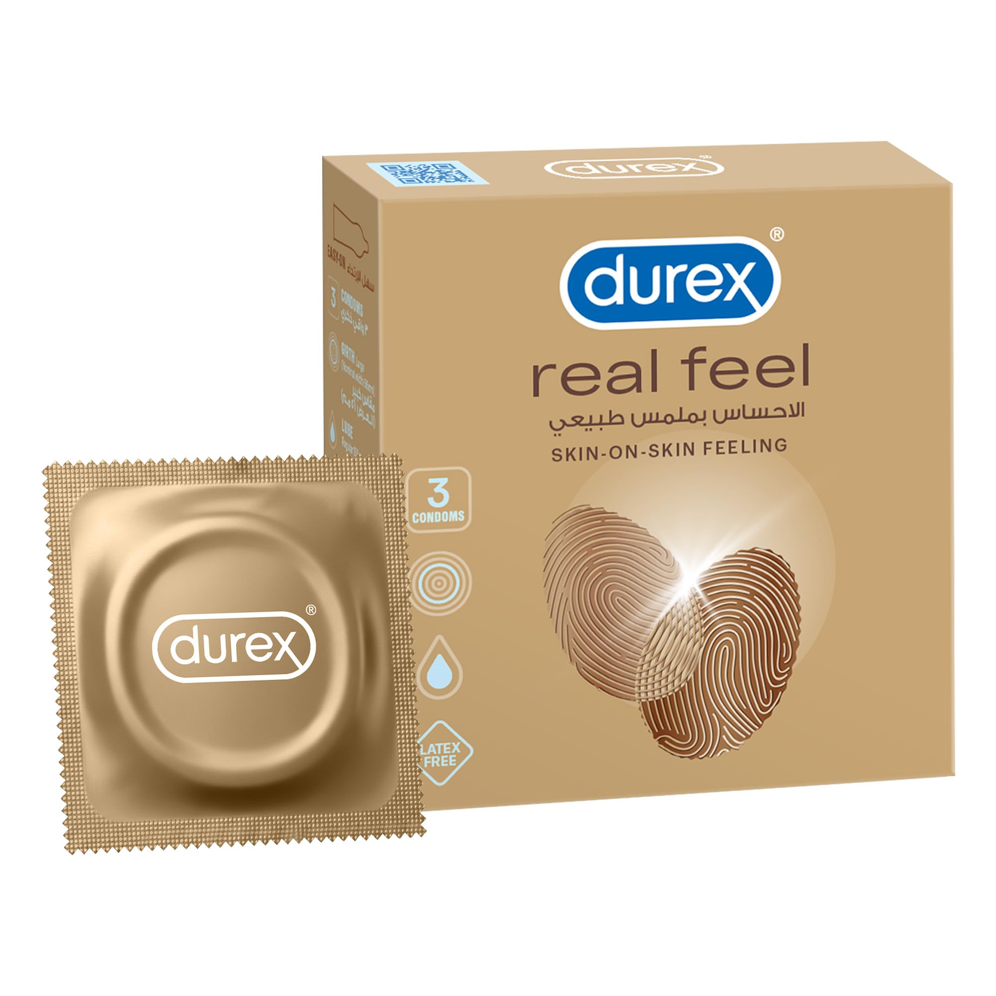 Durex Real Feel Condoms 3 Pack, Non-Latex Skin-on-Skin Feel Condoms for Natural Sensation, Ideal for Latex Sensitivity, Transmits Body Warmth, Compact Pack of 3 for Couples
