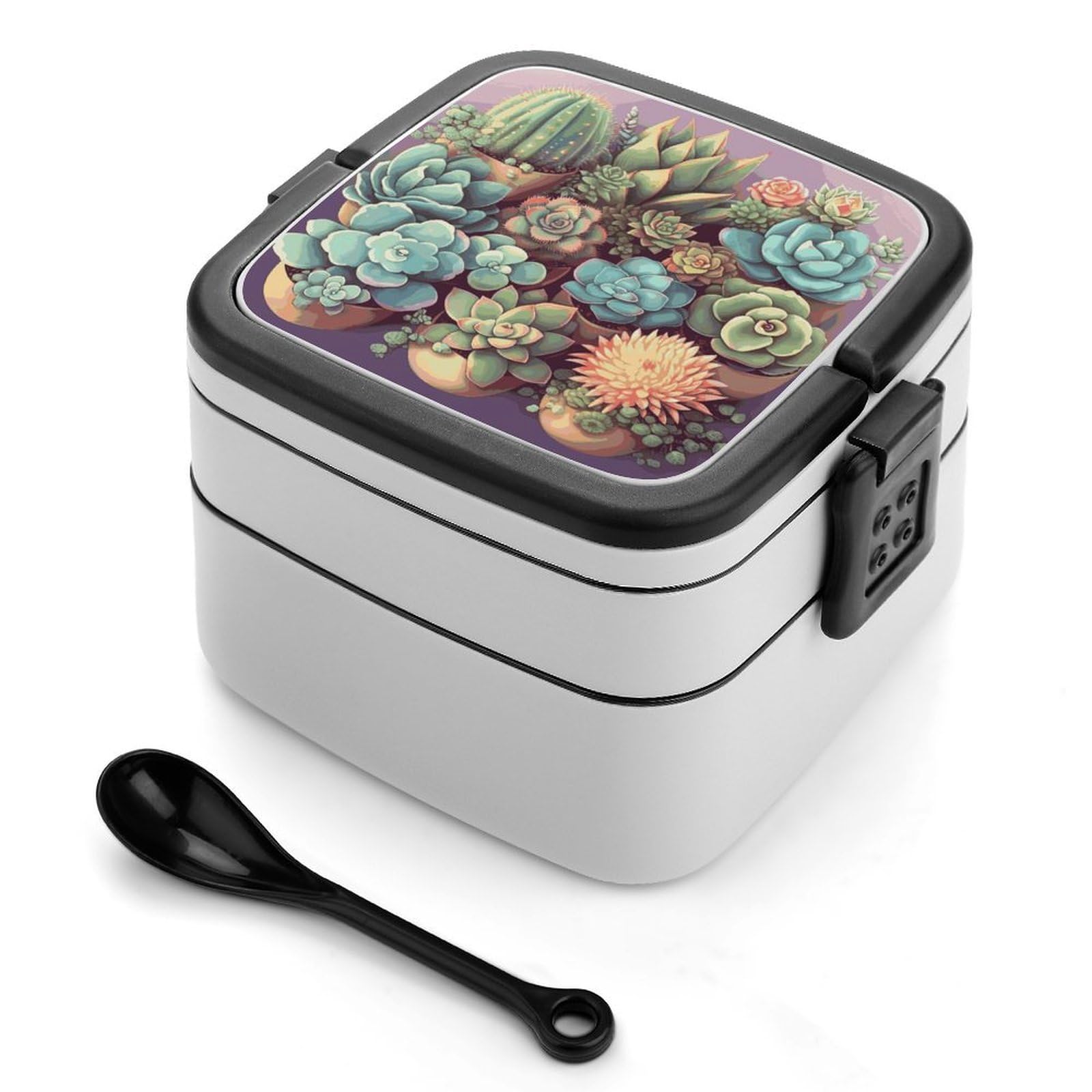 JTREHY Cute Succulents Lunch Box Double-Layer Portable Lunch Container Stackable Large Capacity Leakproof Bento Box for Dining Out Work Picnics Travel
