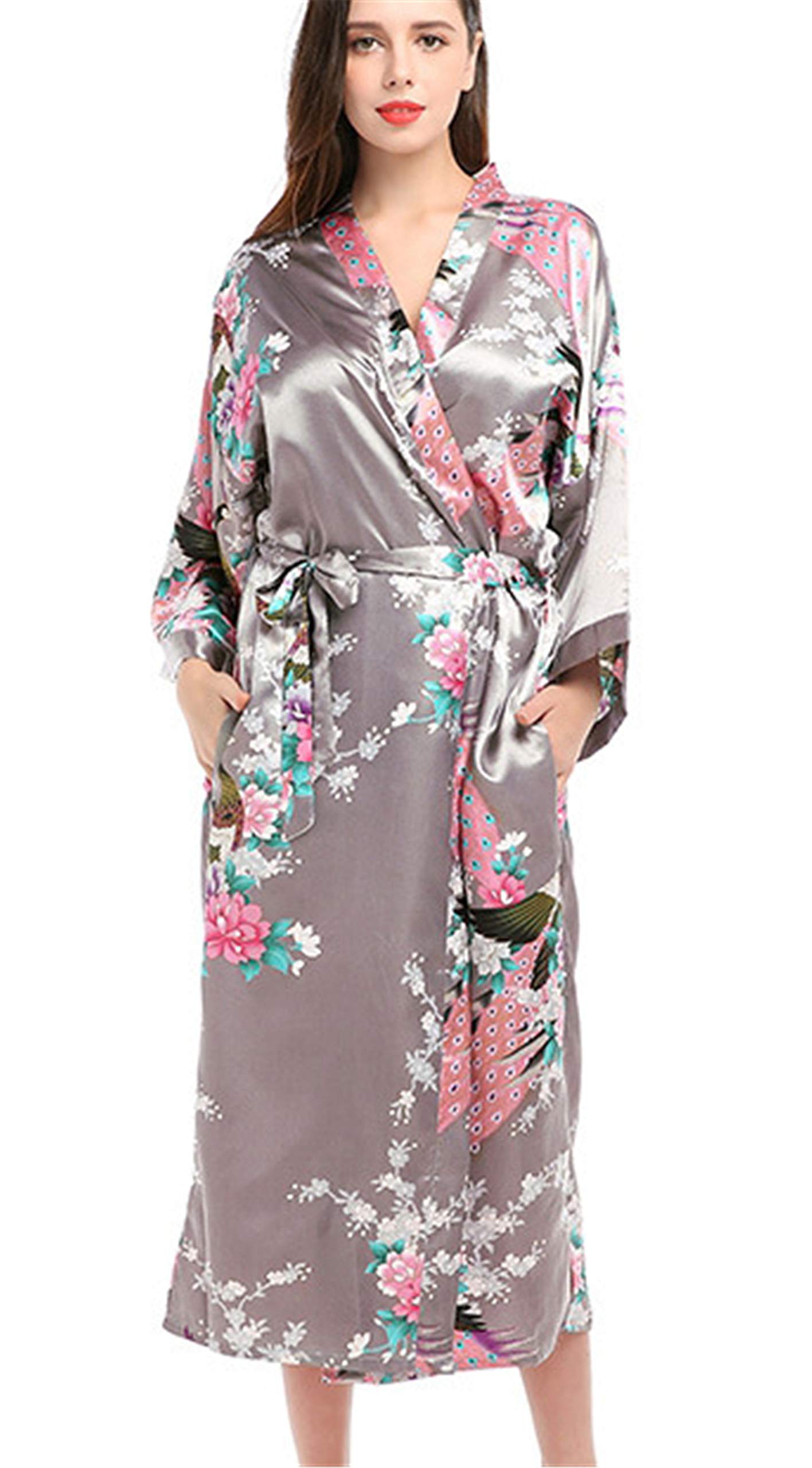 Andongnywell Floral Kimono Robes for Women Long Peacock Bridesmaid Bridal Robe Sleepwear Dressing Gown