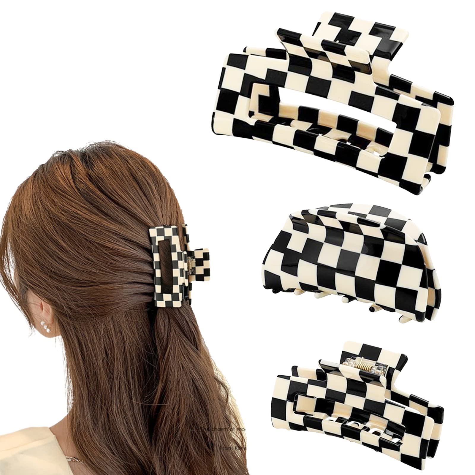MEITREND Pearl Hair Claw Clip,3pcs Hair Claws For Women Fine Hair,Strong Claw Non Slip Clips Hair Accessories For Girls Gift (Checkerboard, One Size)