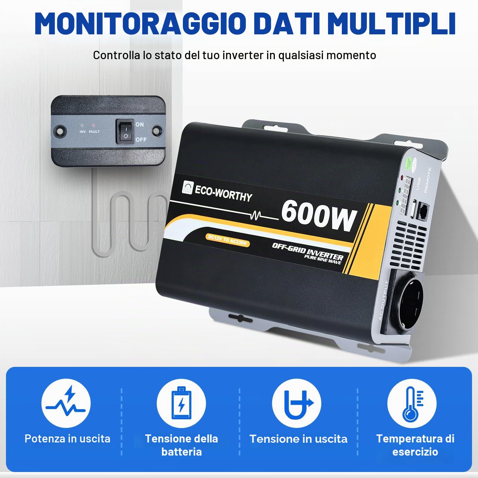 ECO-WORTHY 600 W, 12 V-230 V, AC off-grid, inverter sinusoidale DC con telecomando e fusibile e per auto, camper, veicoli da campeggio e sistemi solari