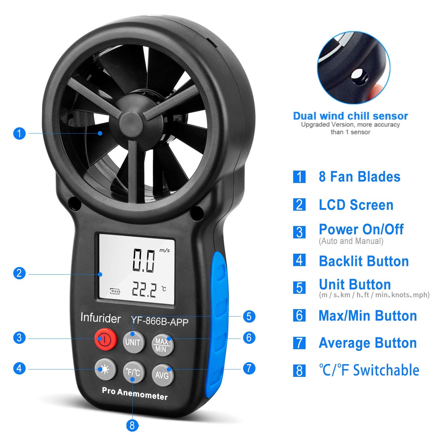 INFURIDER Digital wireless Anemometer with APP via Bluetooth,YF866APP