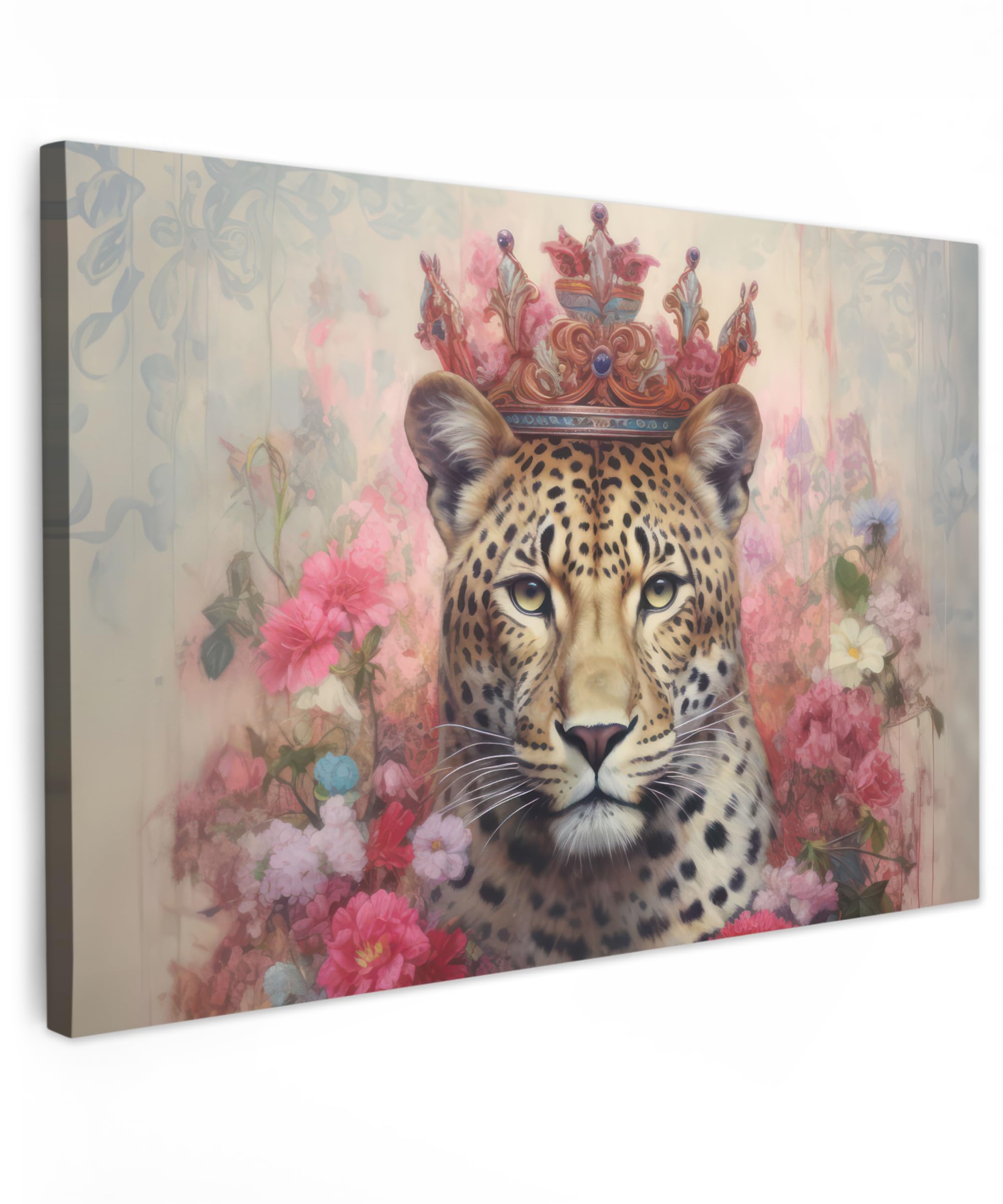 MuchoWow© Canvas Wall Art Work 35"x24" / 90x60 cm Room Decor Painting Wallfillers Picture Decoration Prints Leopard - Flowers - Wildlife - Vintage