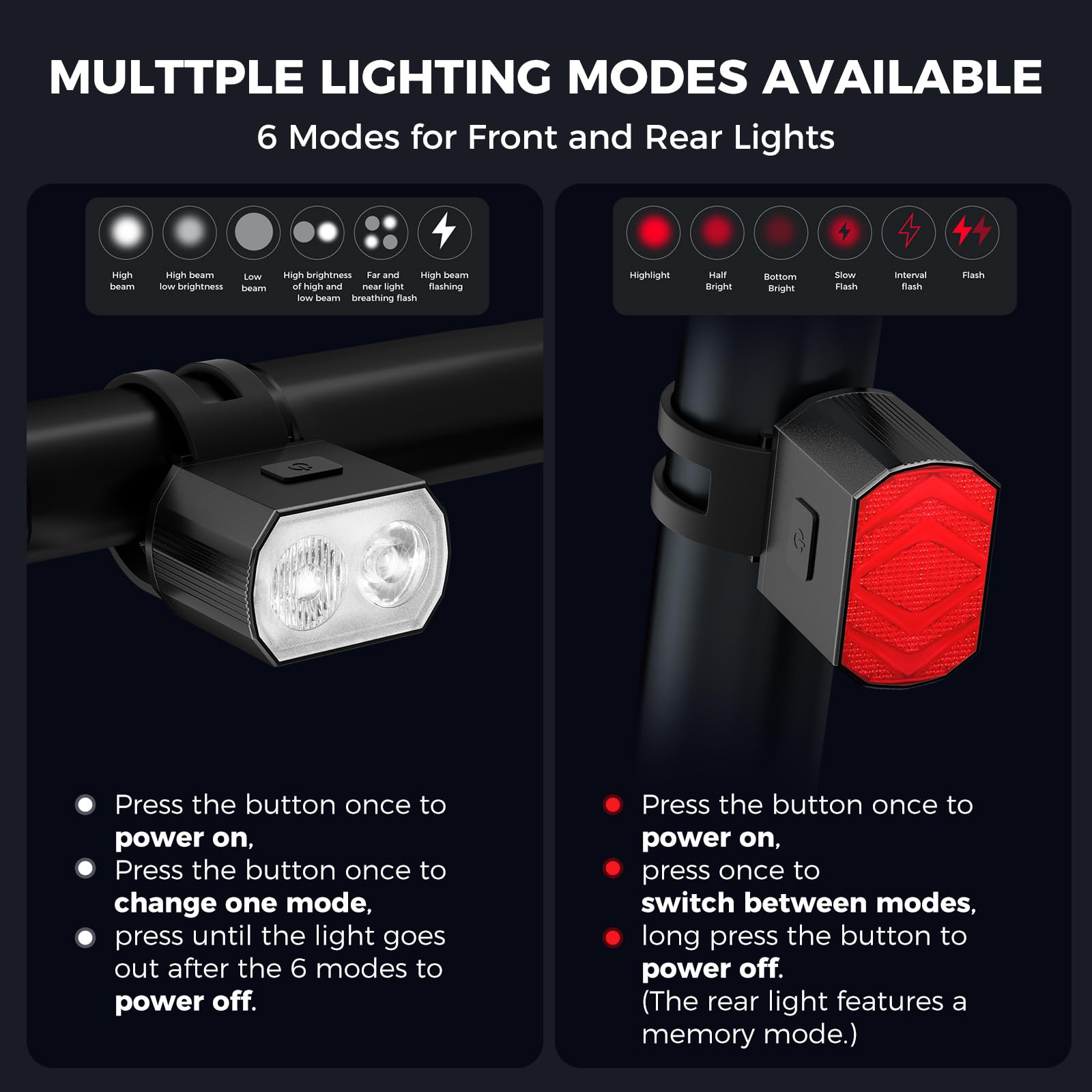 Blendura Lampa rowerowa, 6+6 trybów światła rowerowego z przodu i z tyłu LED, ładowana przez USB, IPX6, lampa rowerowa, do rowerów górskich i rowerów
