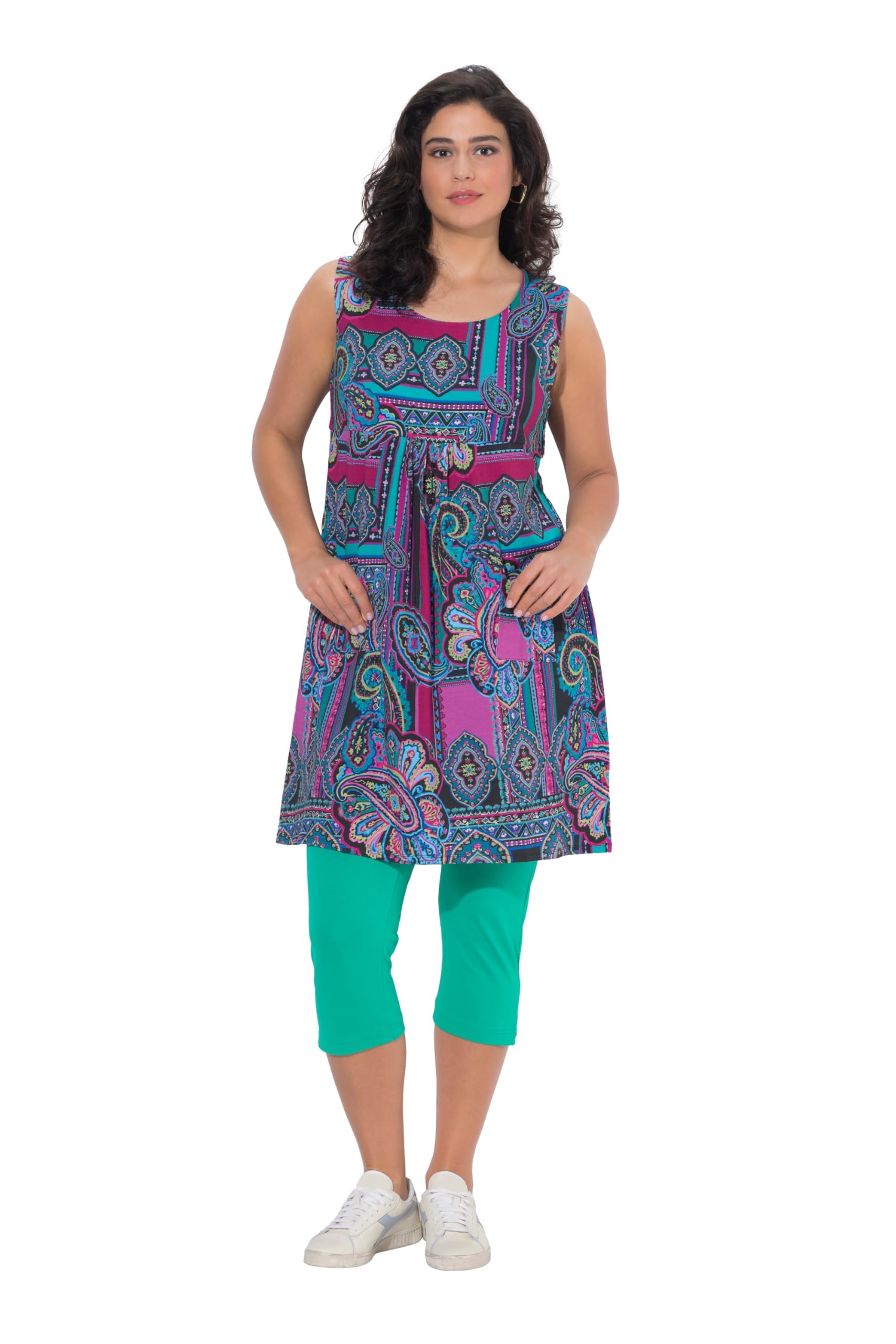 Ulla Popken Damen große Größen Übergrößen Plus Size Jerseykleid, A-Linie, Rundhals, ärmellos, Taschen 849891