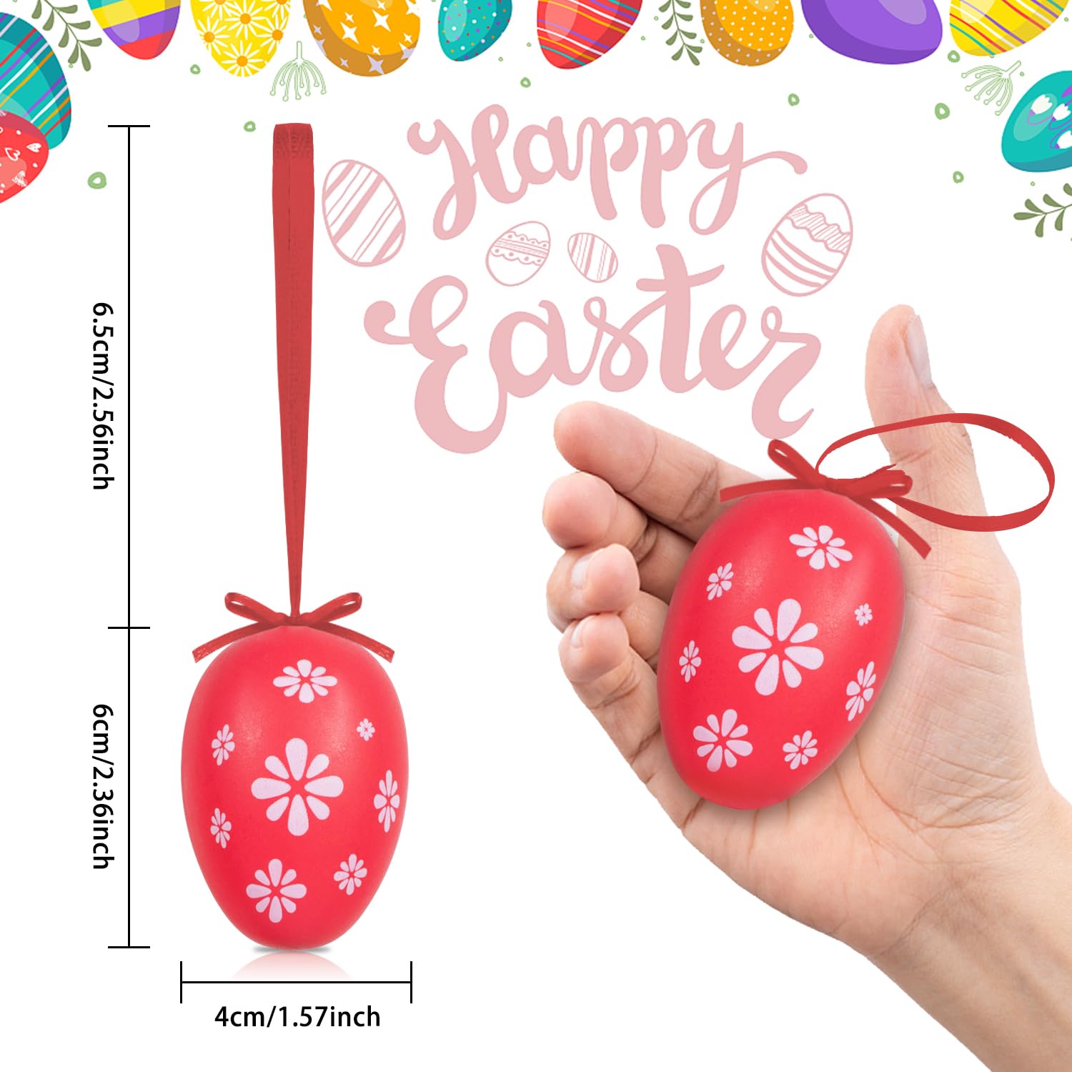Uova Di Pasqua Appese 12pz - Decorazioni Colorate Per Albero, Plastica, 4x6cm, Con Nastro - Foto 8