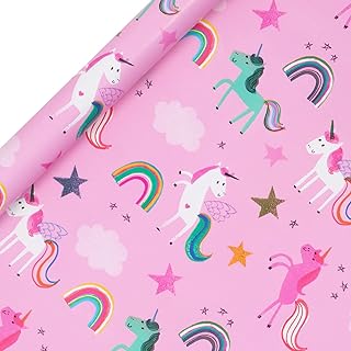 Glick Luxury Roll Wrap, Pink Unicorn Happy Birthday Wrapping Paper, Perfect for Gift Wrapping, Birthday Pink Unicorn Wrapping Paper, Wrapping Paper Birthday for Girl, 2M x 700MM